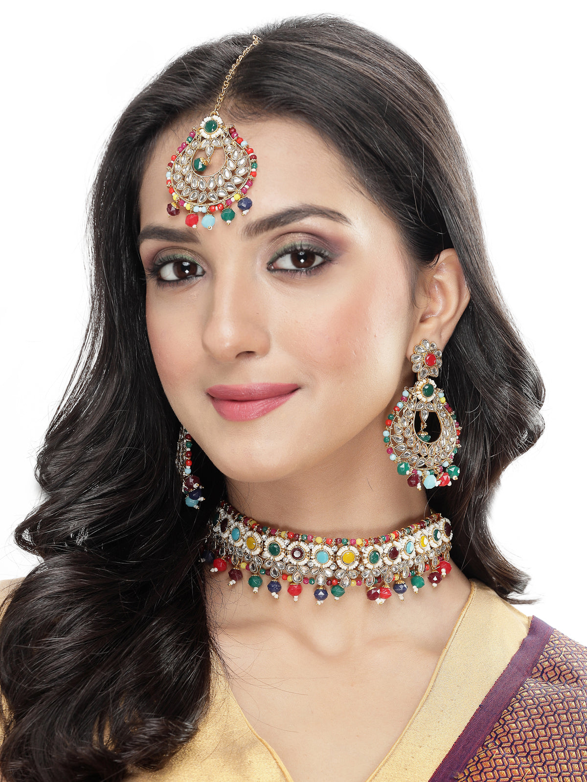 Sukkhi Delightful Round Shaped Gold Plated Multi Kundan & Beads Choker Necklace Set With Earring And Maangtika | Jewellery Set For Women (NS105595)