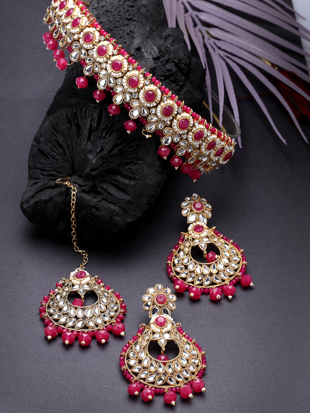 Sukkhi Delightful Round Shaped Gold Plated Rani Pink Kundan & Beads Choker Necklace Set With Earring And Maangtika | Jewellery Set For Women (NS105596)
