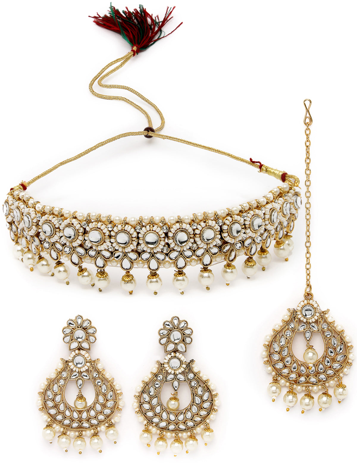 Sukkhi Delightful Round Shaped Gold Plated White Kundan & Beads Choker Necklace Set With Earring And Maangtika | Jewellery Set For Women (NS105597)