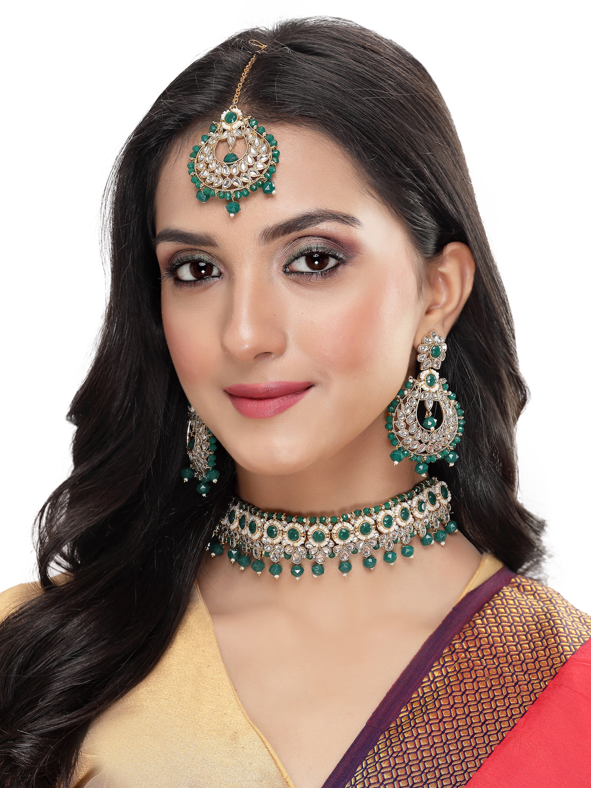 Sukkhi Delightful Round Shaped Gold Plated Green Kundan & Beads Choker Necklace Set With Earring And Maangtika | Jewellery Set For Women (NS105598)