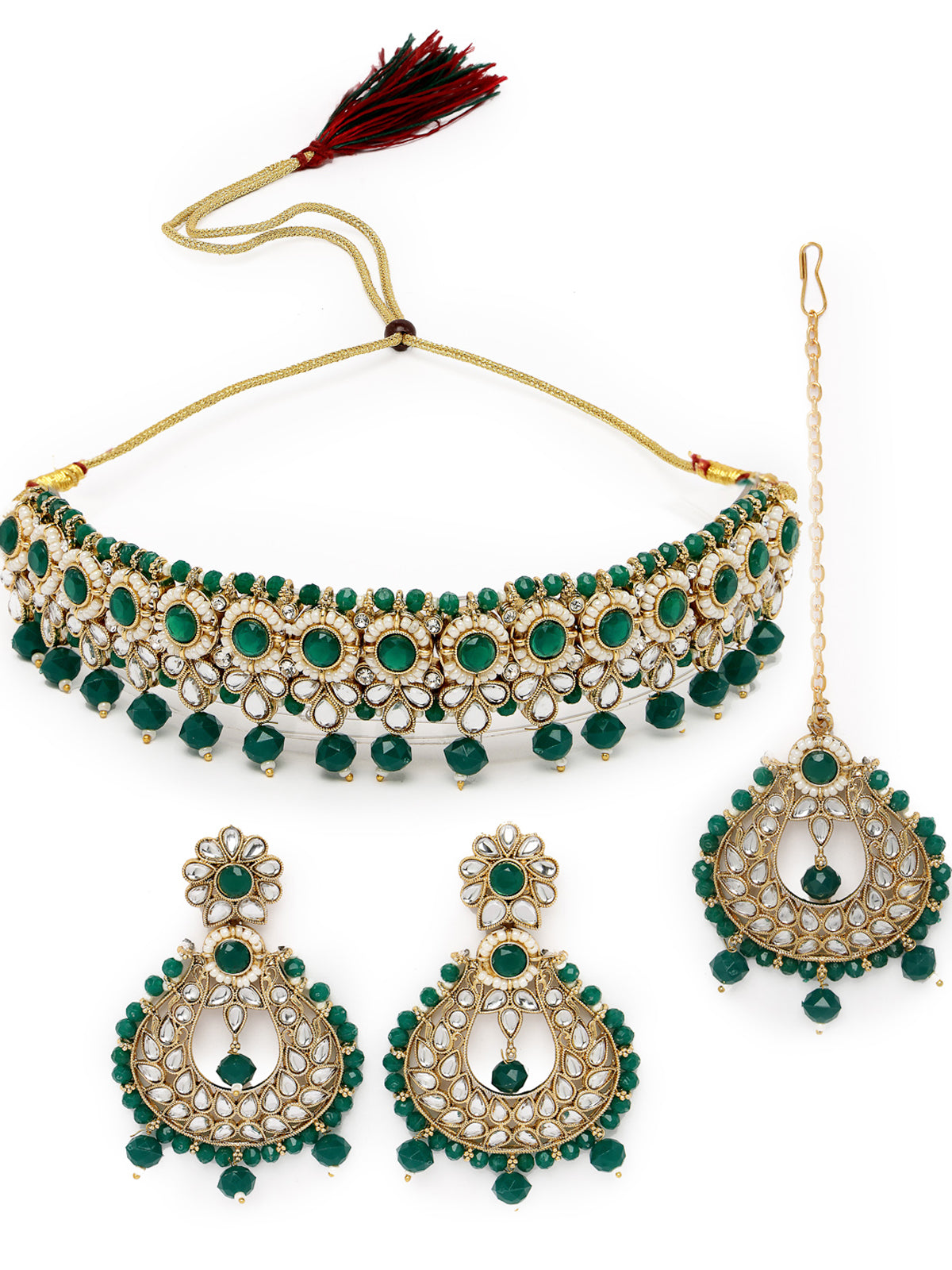 Sukkhi Delightful Round Shaped Gold Plated Green Kundan & Beads Choker Necklace Set With Earring And Maangtika | Jewellery Set For Women (NS105598)