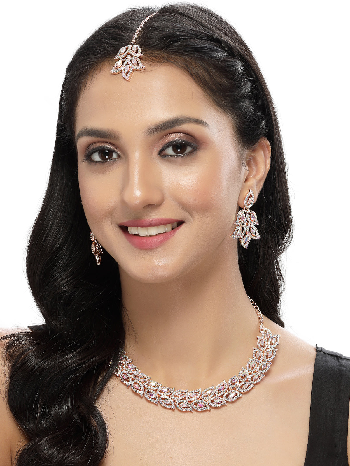 Sukkhi Street-Style Rose Gold Plated Rainbow Stone Collar Bone Necklace Set With Earring And Maangtika | Jewellery Set For Women (NS105599)
