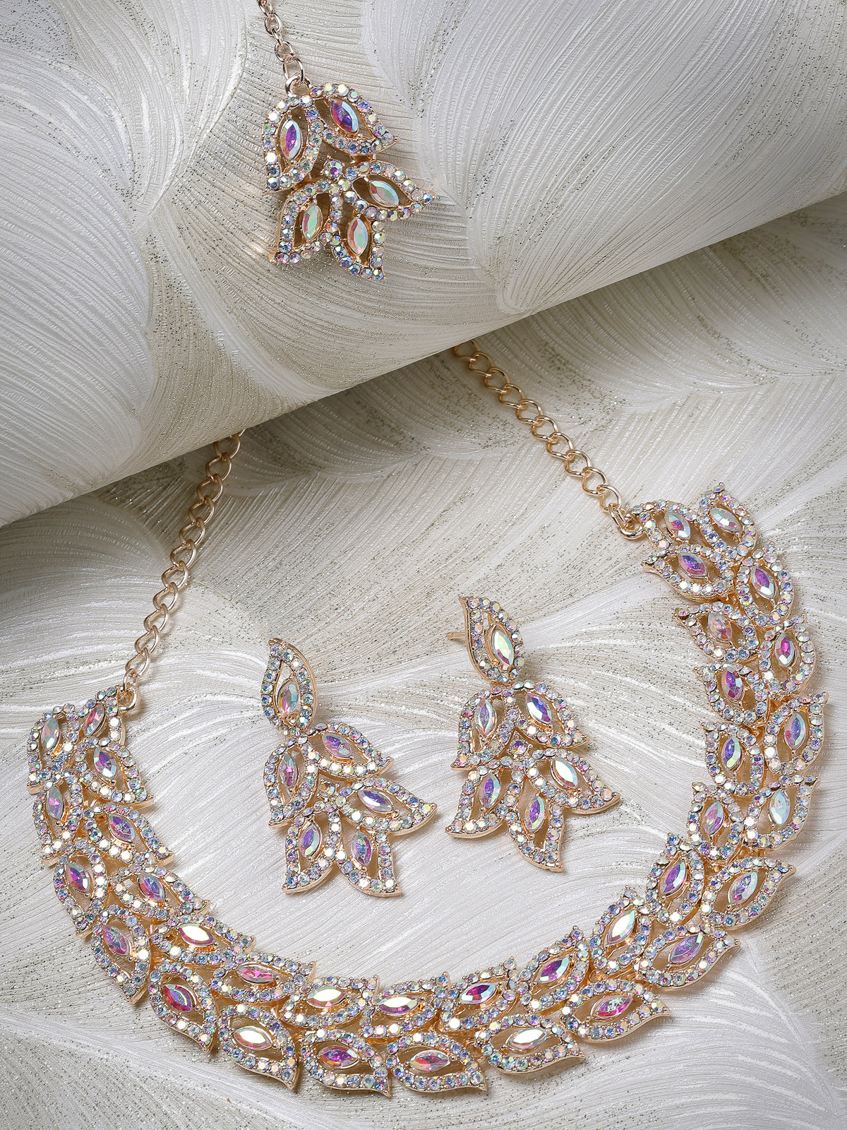 Sukkhi Street-Style Rose Gold Plated Rainbow Stone Collar Bone Necklace Set With Earring And Maangtika | Jewellery Set For Women (NS105599)