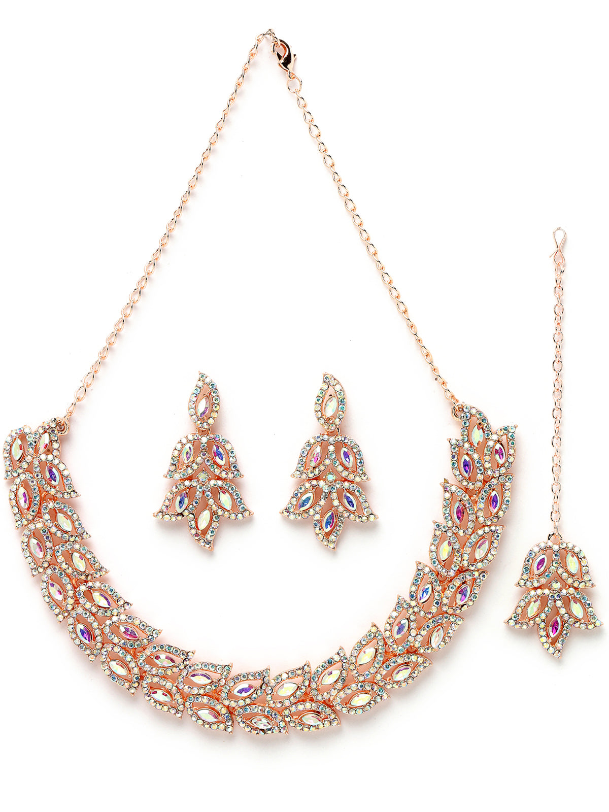 Sukkhi Street-Style Rose Gold Plated Rainbow Stone Collar Bone Necklace Set With Earring And Maangtika | Jewellery Set For Women (NS105599)