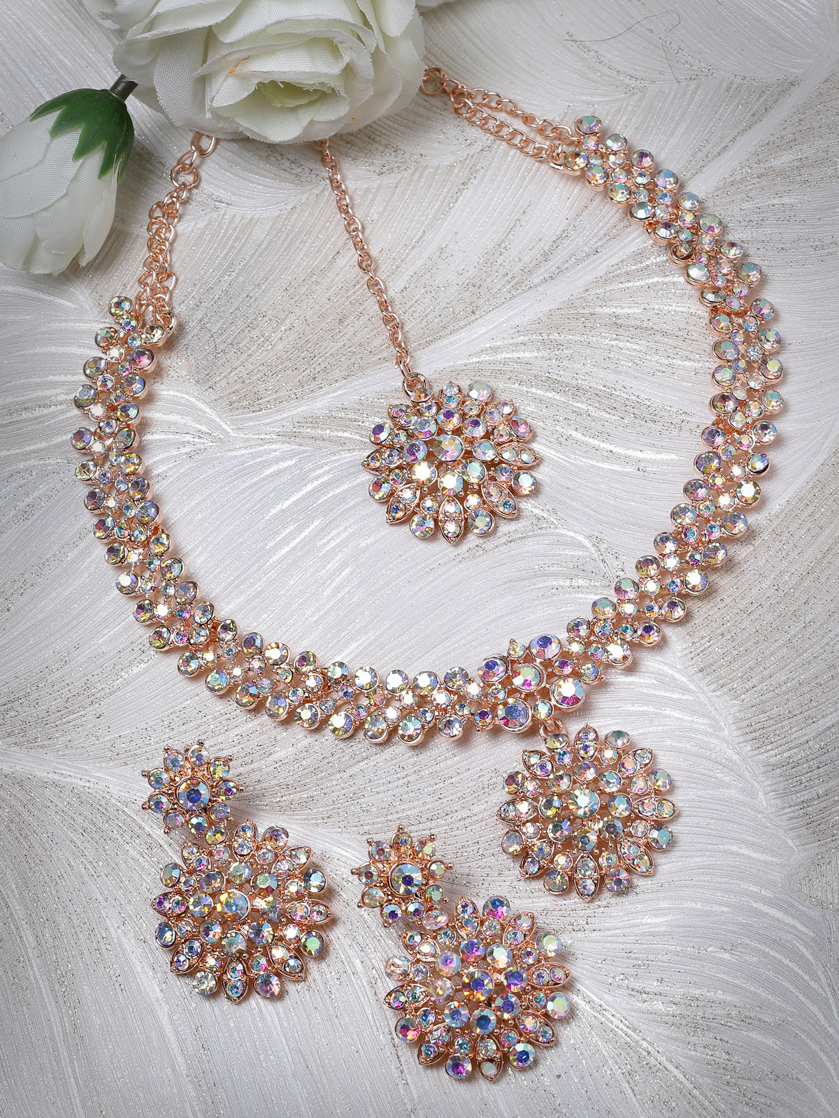 Sukkhi Delightly Rose Gold Plated Rainbow Stone Collar Bone Necklace Set With Earring And Maangtika | Jewellery Set For Women (NS105600)