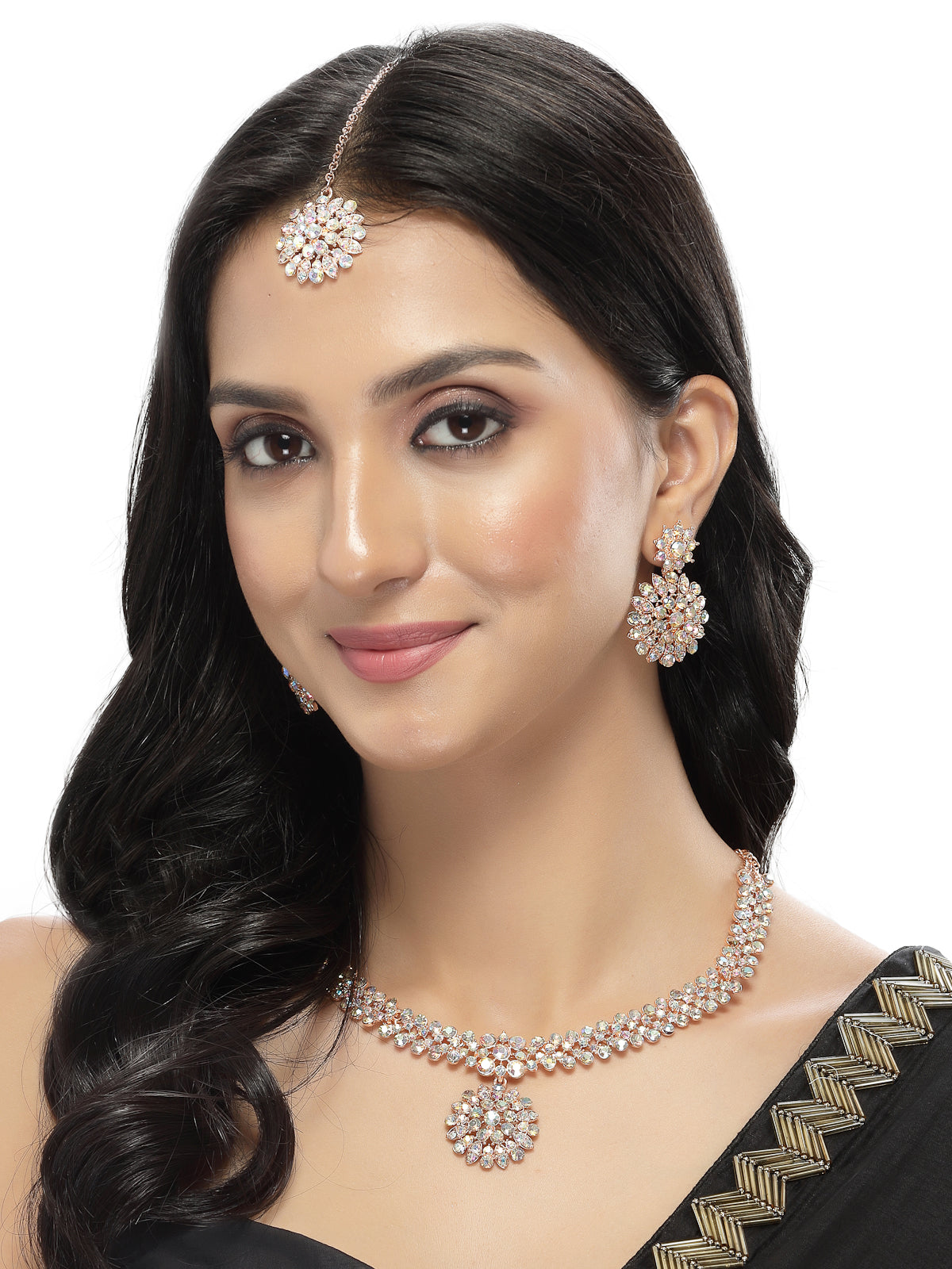 Sukkhi Delightly Rose Gold Plated Rainbow Stone Collar Bone Necklace Set With Earring And Maangtika | Jewellery Set For Women (NS105600)