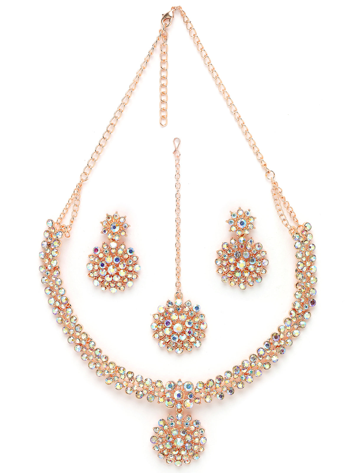 Sukkhi Delightly Rose Gold Plated Rainbow Stone Collar Bone Necklace Set With Earring And Maangtika | Jewellery Set For Women (NS105600)
