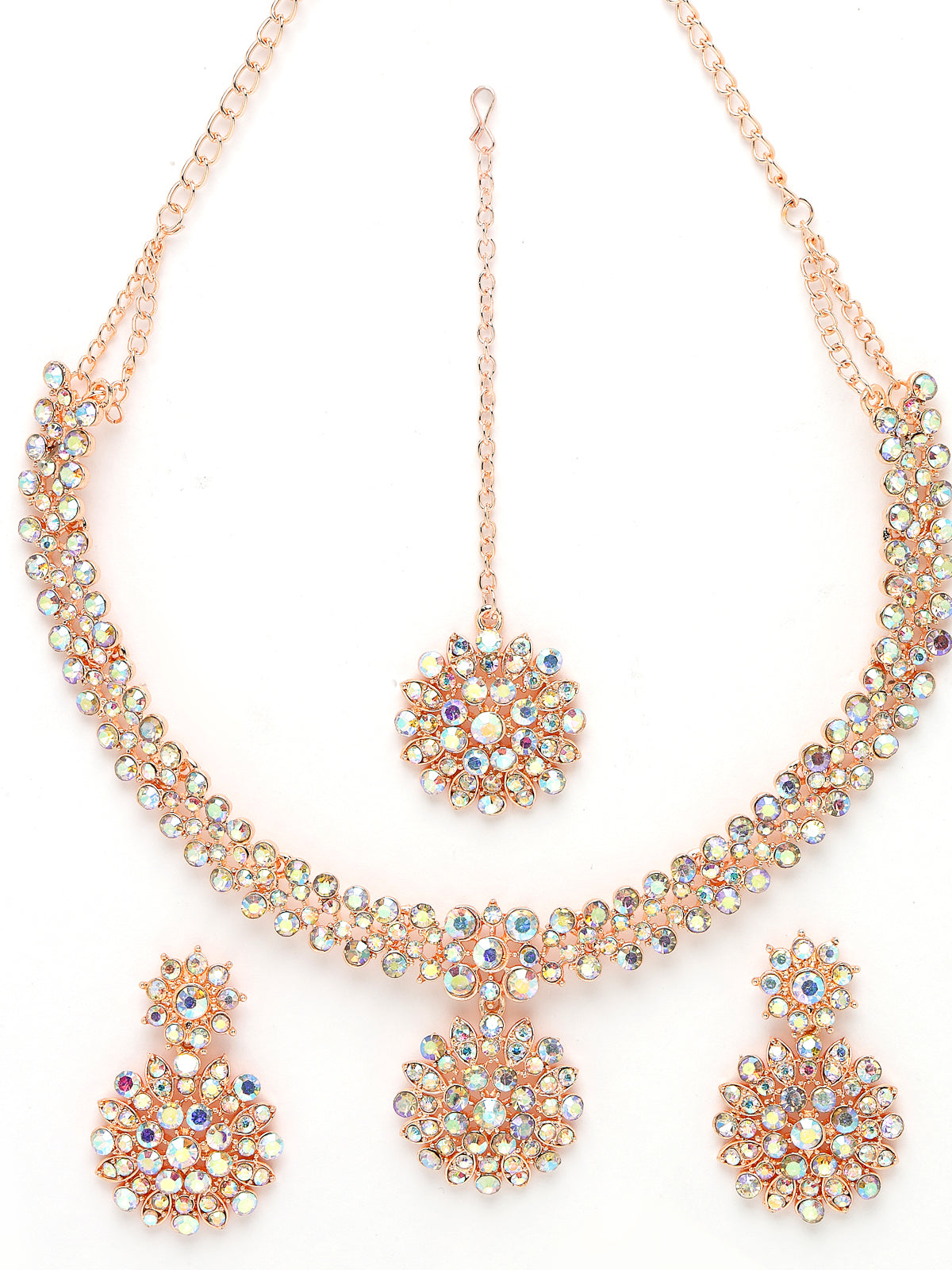 Sukkhi Delightly Rose Gold Plated Rainbow Stone Collar Bone Necklace Set With Earring And Maangtika | Jewellery Set For Women (NS105600)