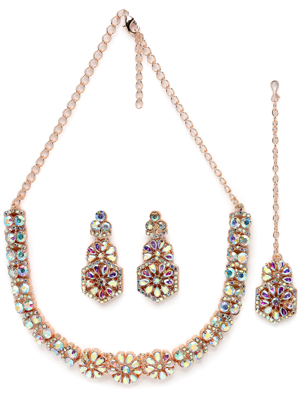 Sukkhi Fusion Rose Gold Plated Rose Rainbow Stone Collar Bone Necklace Set With Earring And Maangtika | Jewellery Set For Women (NS105601)