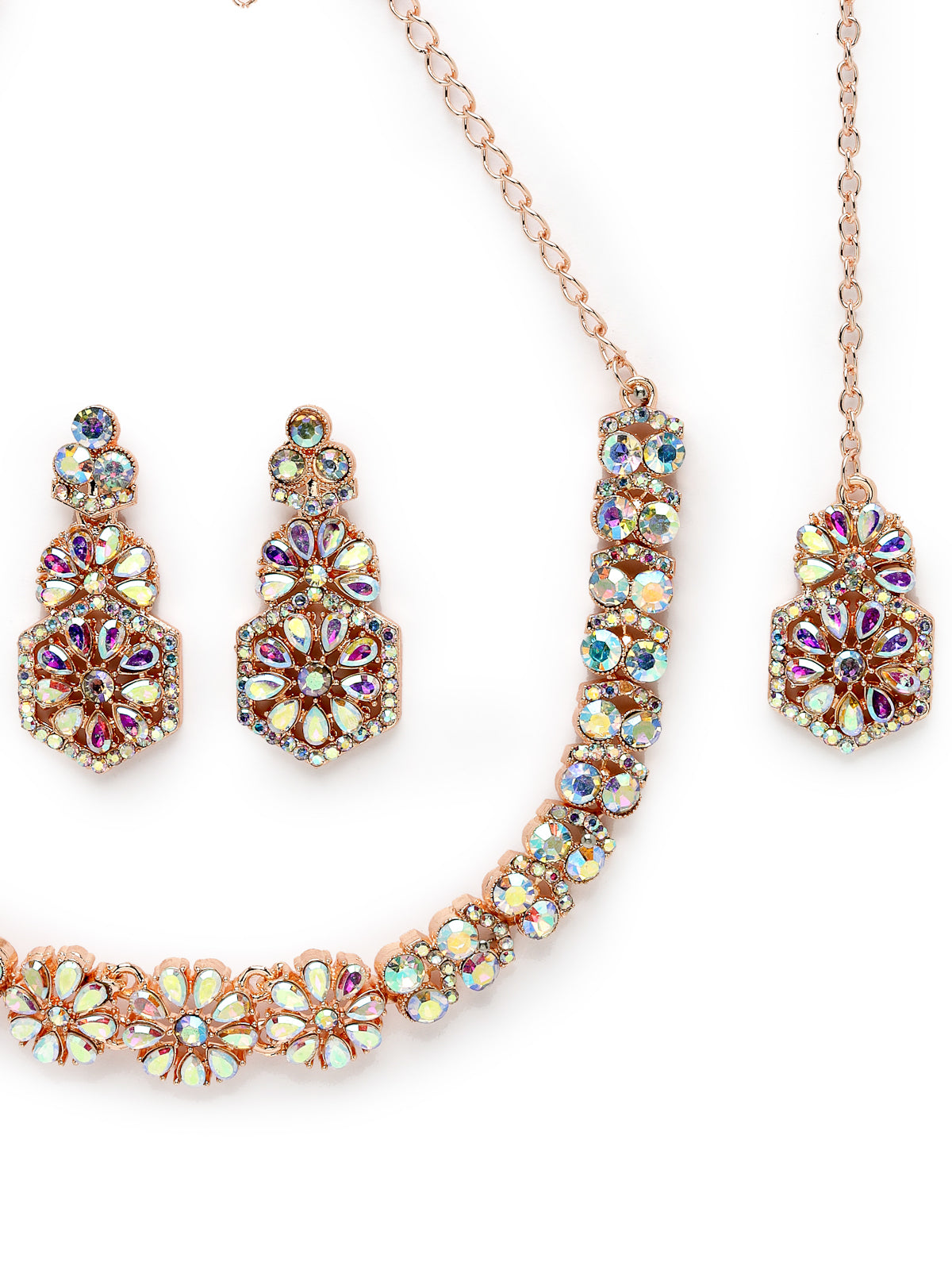 Sukkhi Fusion Rose Gold Plated Rose Rainbow Stone Collar Bone Necklace Set With Earring And Maangtika | Jewellery Set For Women (NS105601)