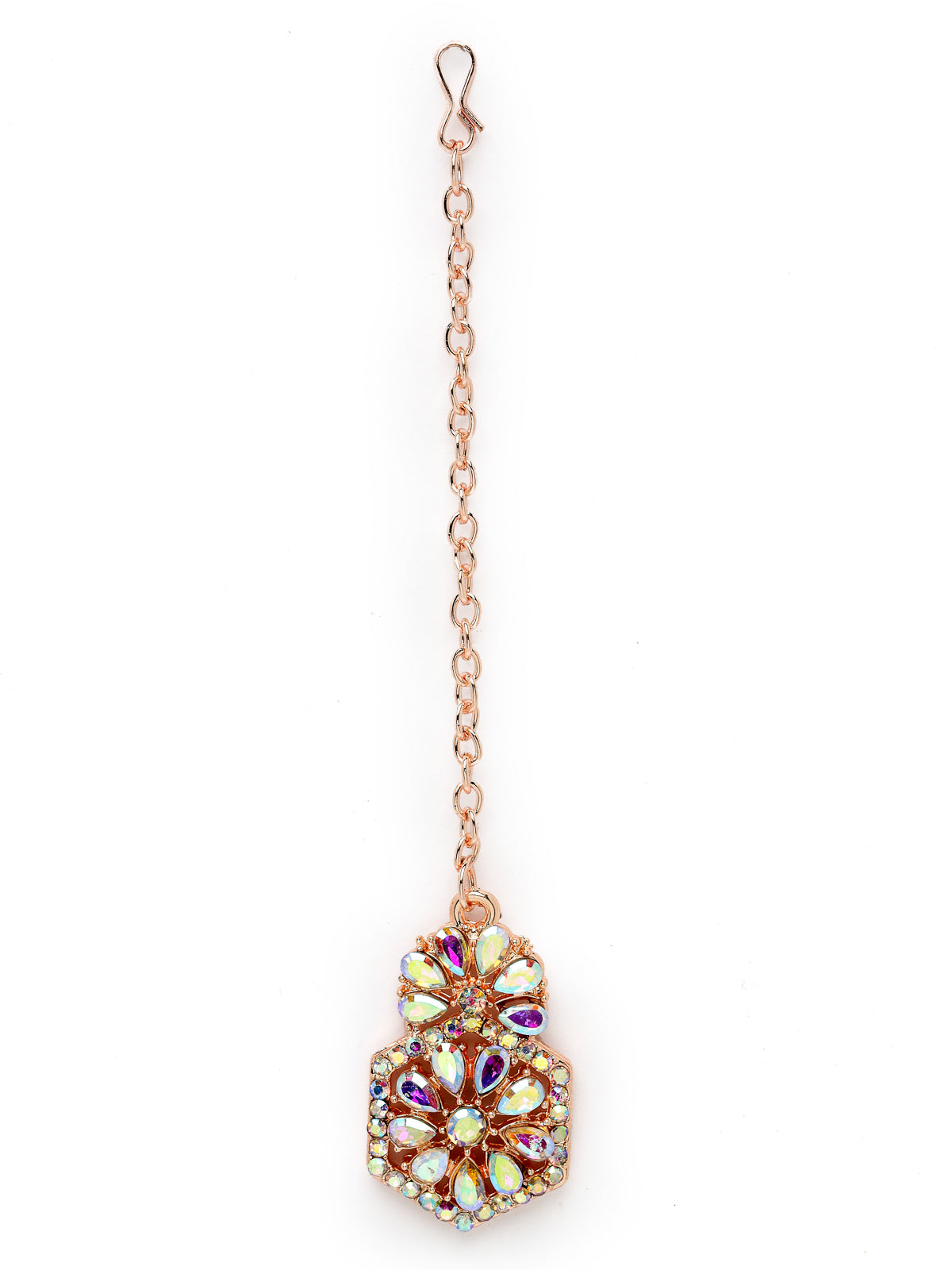 Sukkhi Fusion Rose Gold Plated Rose Rainbow Stone Collar Bone Necklace Set With Earring And Maangtika | Jewellery Set For Women (NS105601)