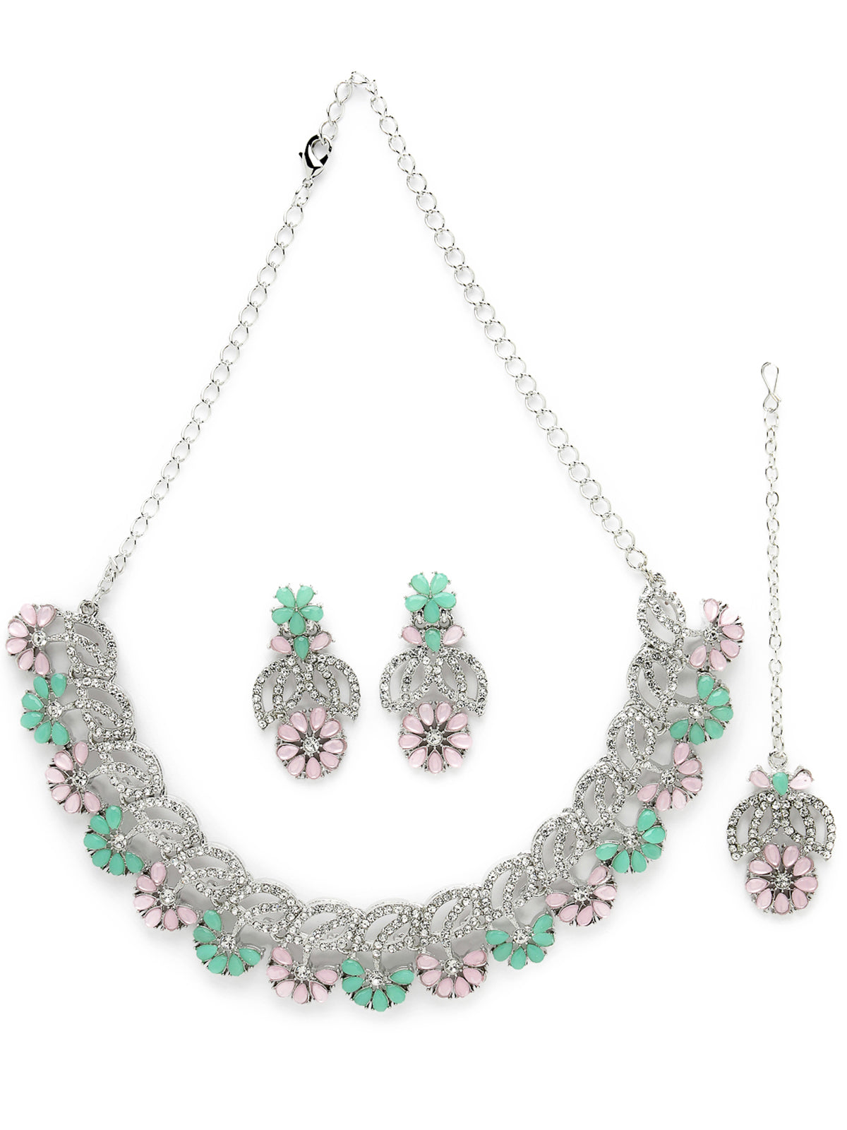 Sukkhi Bridal Rhodium Plated AD White Stones Floral Collar Bone Necklace Set With Earring And Maangtika | Jewellery Set For Women (NS105602)