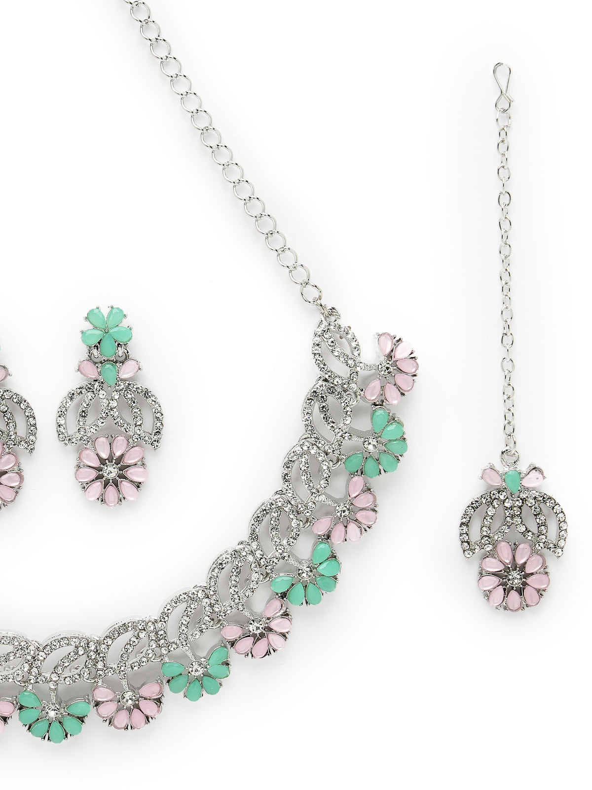 Sukkhi Bridal Rhodium Plated AD White Stones Floral Collar Bone Necklace Set With Earring And Maangtika | Jewellery Set For Women (NS105602)