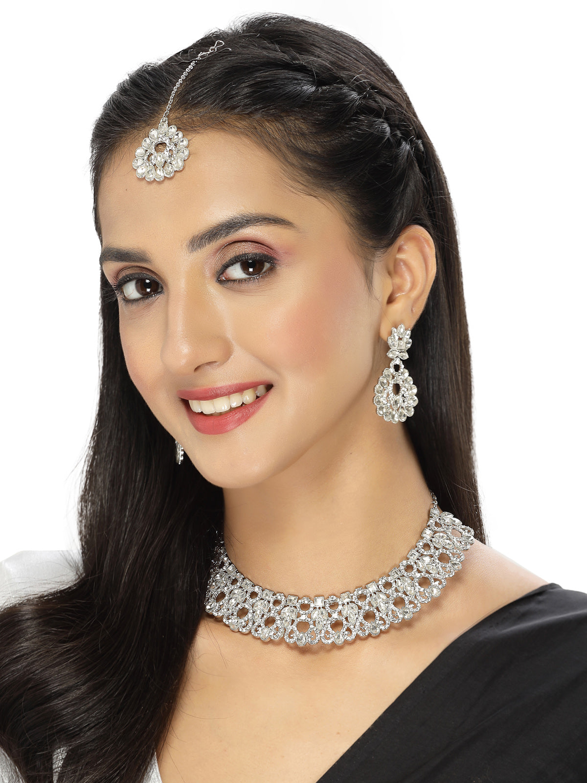 Sukkhi Exotic Rhodium Plated Silver AD White Stones Collar Bone Necklace Set With Earring And Maangtika | Jewellery Set For Women (NS105603)