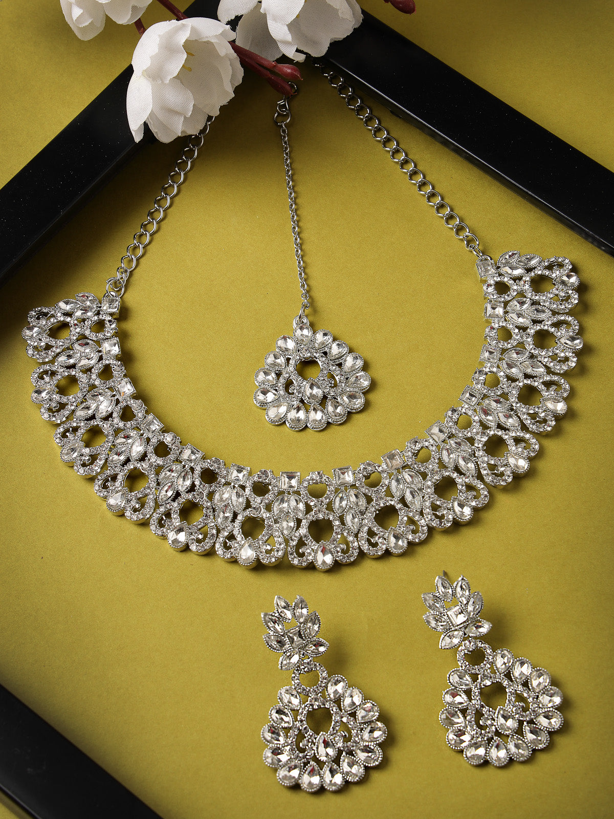 Sukkhi Exotic Rhodium Plated Silver AD White Stones Collar Bone Necklace Set With Earring And Maangtika | Jewellery Set For Women (NS105603)