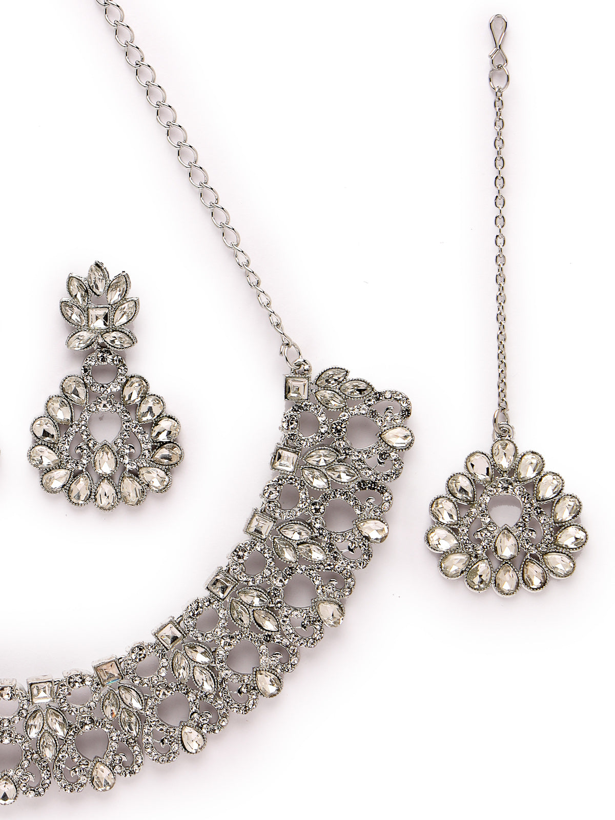 Sukkhi Exotic Rhodium Plated Silver AD White Stones Collar Bone Necklace Set With Earring And Maangtika | Jewellery Set For Women (NS105603)