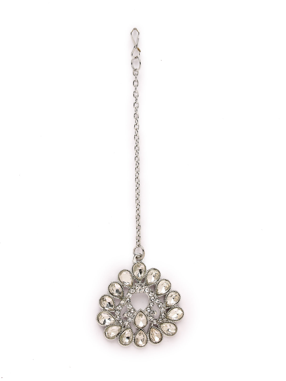 Sukkhi Exotic Rhodium Plated Silver AD White Stones Collar Bone Necklace Set With Earring And Maangtika | Jewellery Set For Women (NS105603)