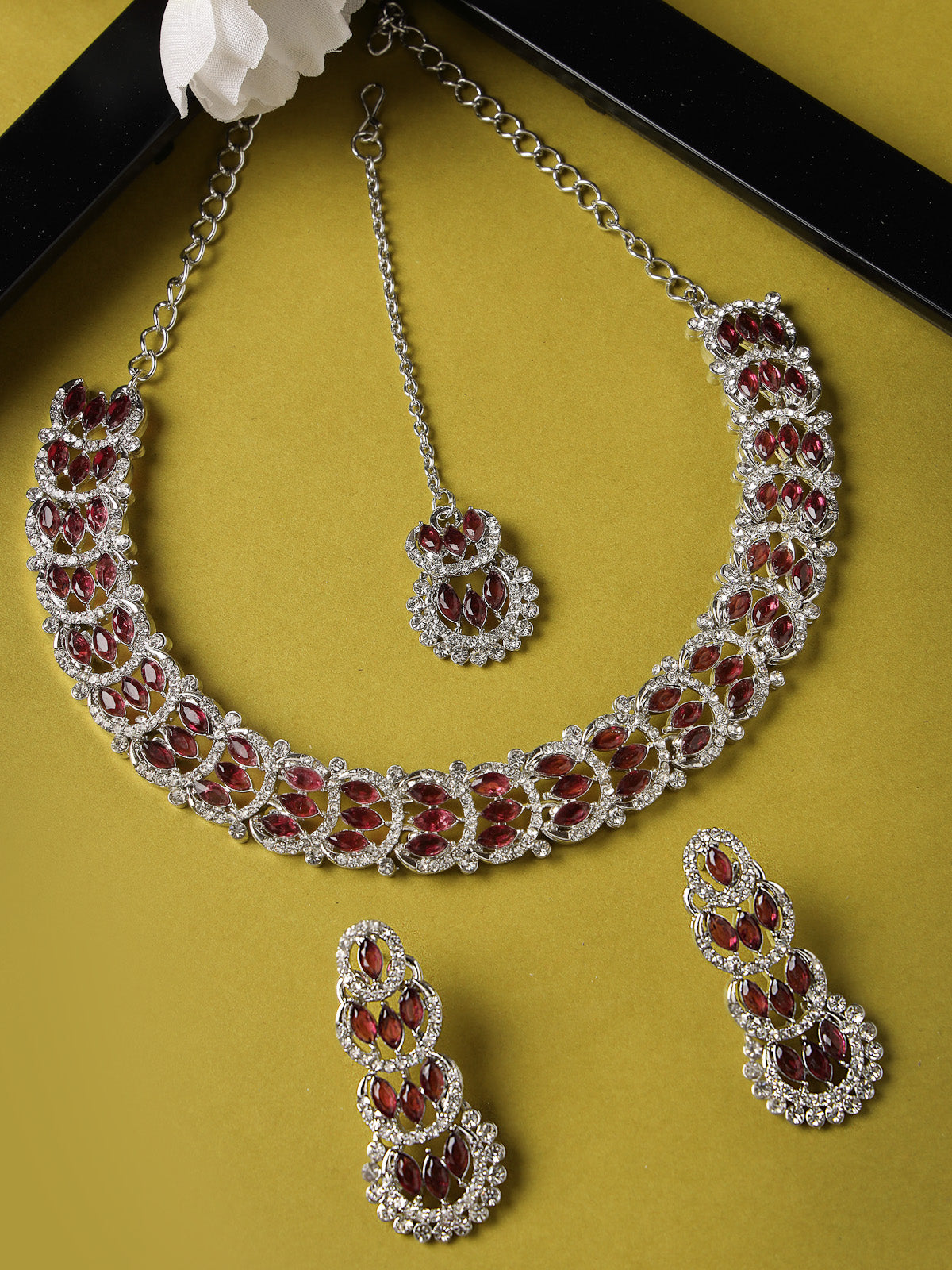 Sukkhi Beguiling Rhodium Plated AD Maroon Stone Collar Bone Necklace Set With Earring And Maangtika | Jewellery Set For Women (NS105604)