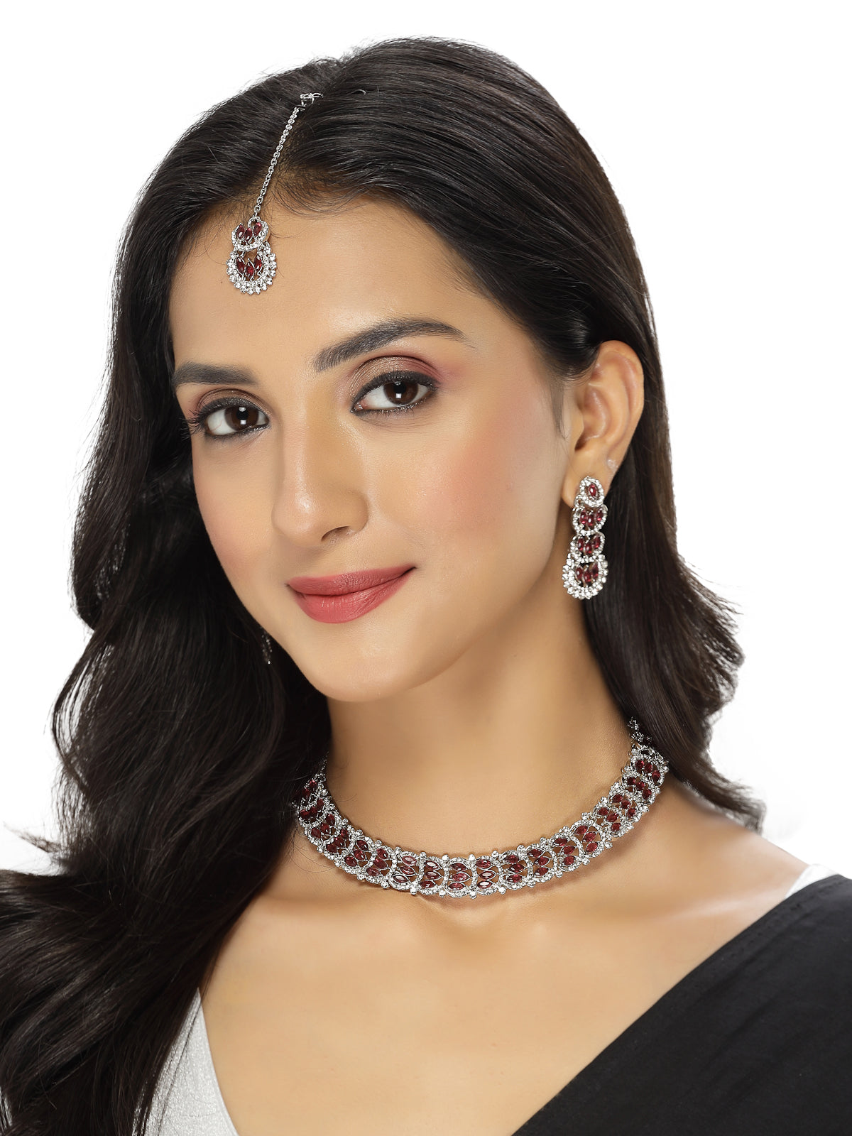 Sukkhi Beguiling Rhodium Plated AD Maroon Stone Collar Bone Necklace Set With Earring And Maangtika | Jewellery Set For Women (NS105604)