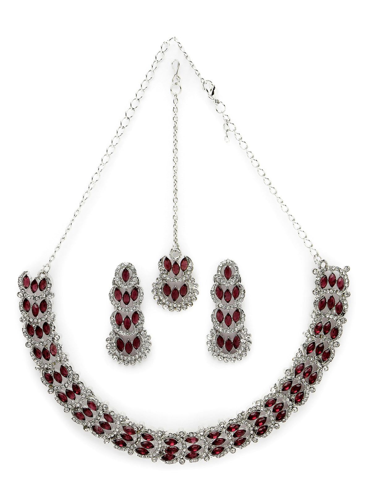 Sukkhi Beguiling Rhodium Plated AD Maroon Stone Collar Bone Necklace Set With Earring And Maangtika | Jewellery Set For Women (NS105604)