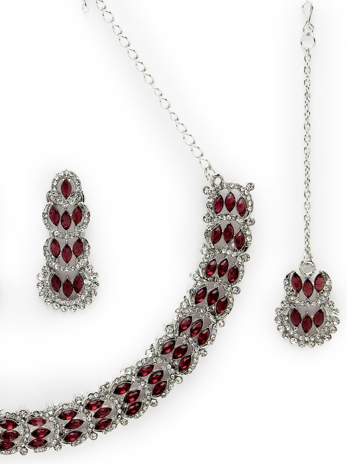 Sukkhi Beguiling Rhodium Plated AD Maroon Stone Collar Bone Necklace Set With Earring And Maangtika | Jewellery Set For Women (NS105604)