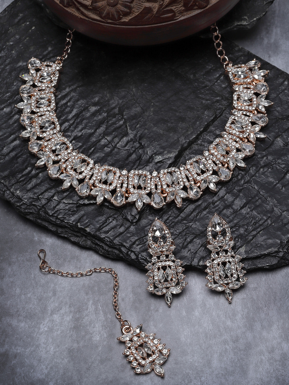 Sukkhi Trendy Gold Plated Rose Gold AD White Stone Collar Bone Necklace Set With Earring And Maangtika | Jewellery Set For Women (NS105605)