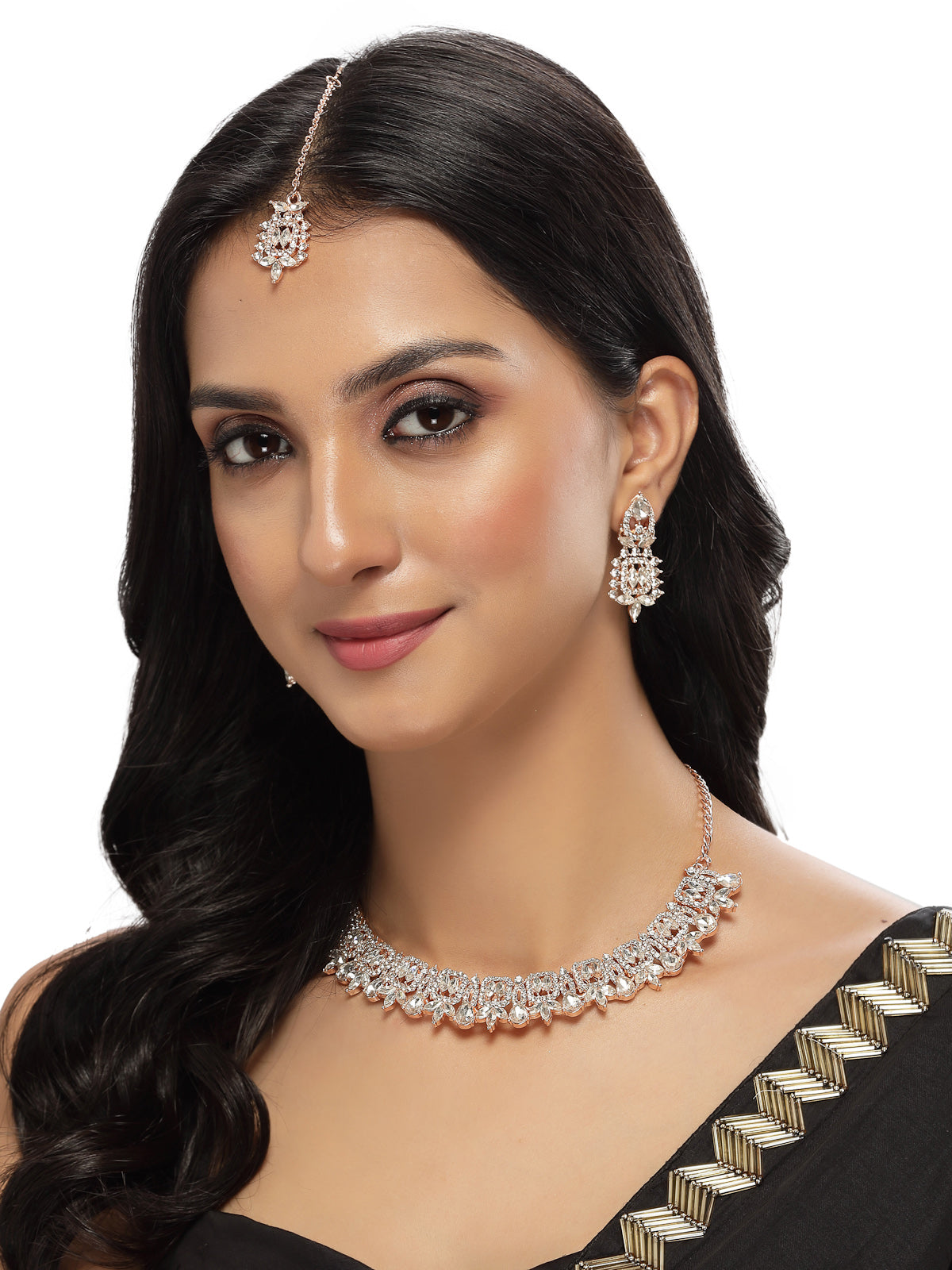 Sukkhi Trendy Gold Plated Rose Gold AD White Stone Collar Bone Necklace Set With Earring And Maangtika | Jewellery Set For Women (NS105605)