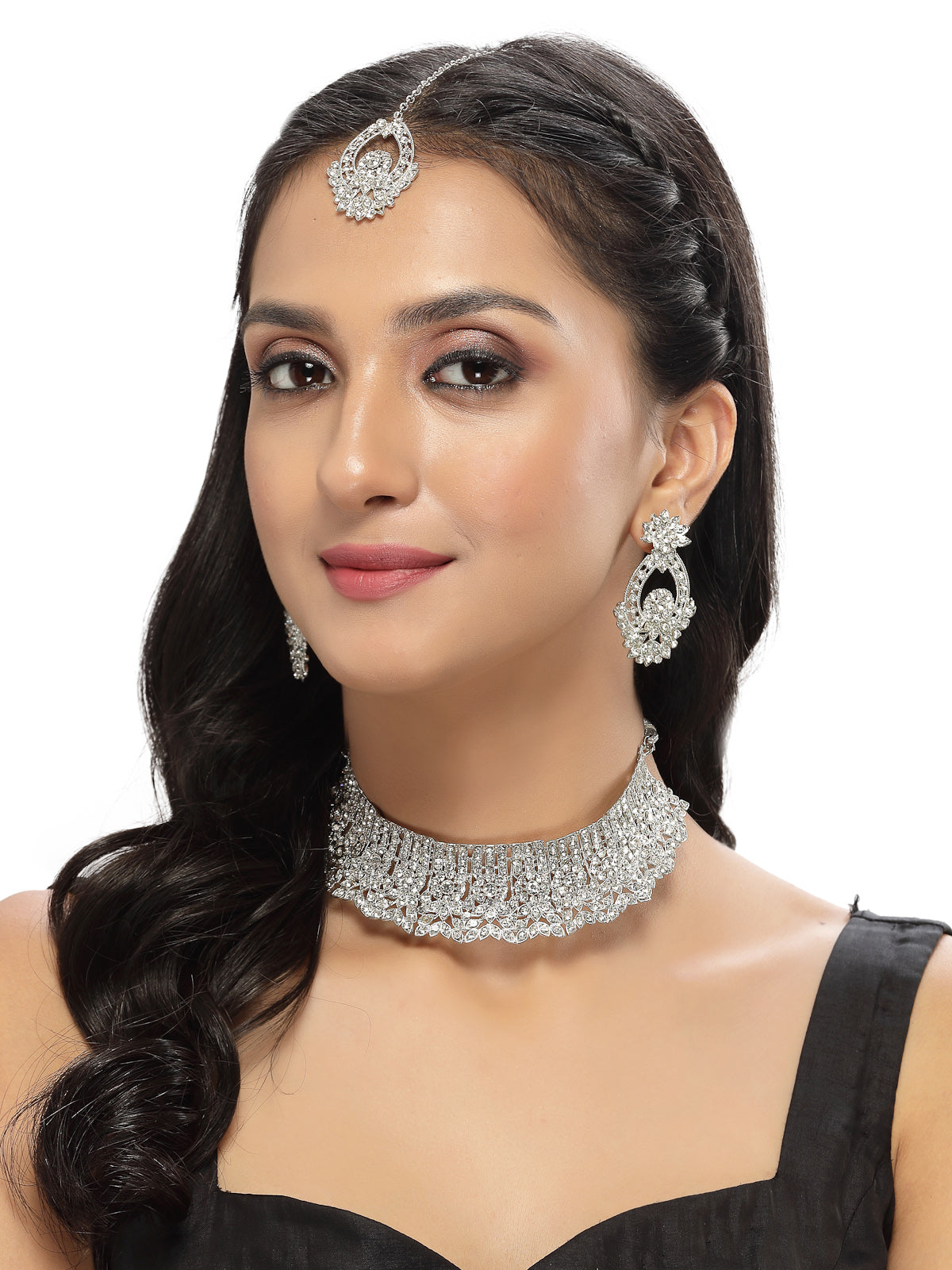 Sukkhi Unique Fashionable Rhodium Plated Silver AD Stone Choker Necklace Set With Earring And Maangtika | Jewellery Set For Women (NS105606)