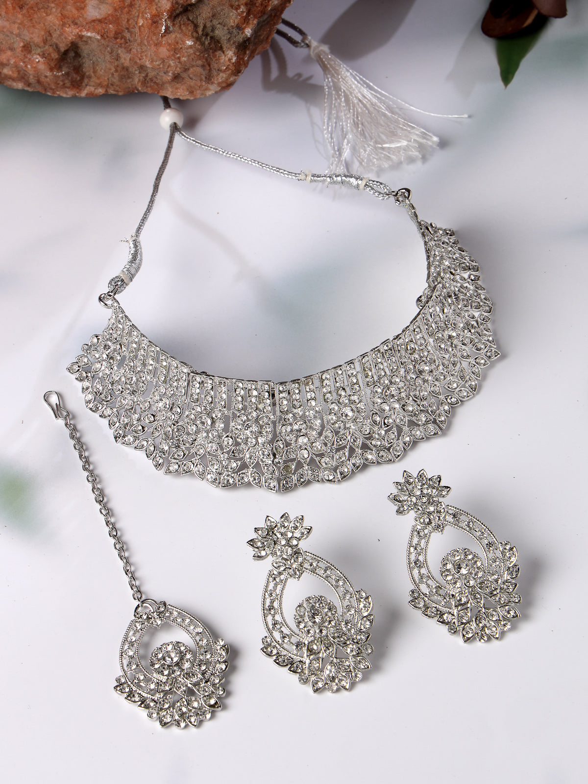 Sukkhi Unique Fashionable Rhodium Plated Silver AD Stone Choker Necklace Set With Earring And Maangtika | Jewellery Set For Women (NS105606)