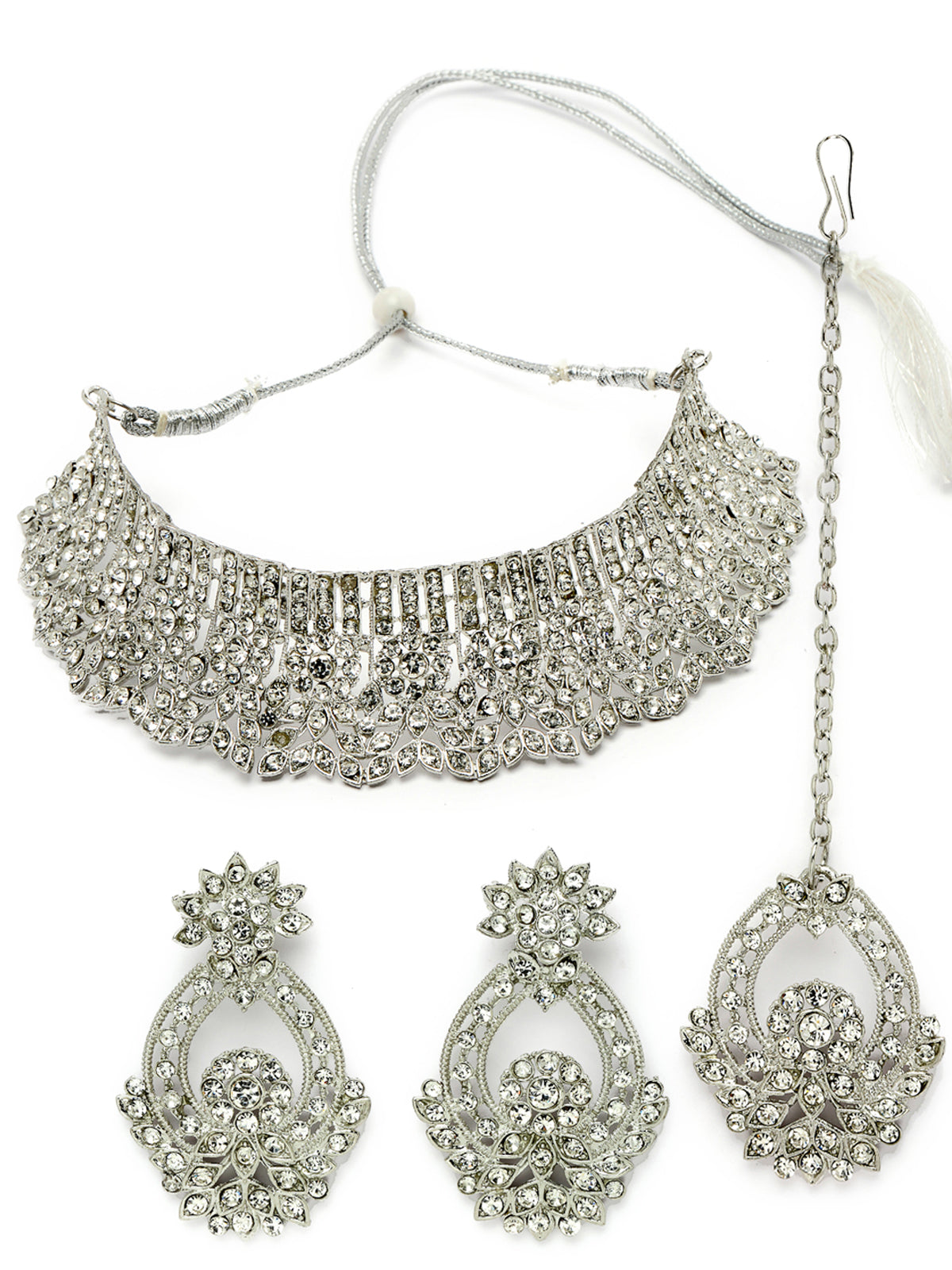 Sukkhi Unique Fashionable Rhodium Plated Silver AD Stone Choker Necklace Set With Earring And Maangtika | Jewellery Set For Women (NS105606)