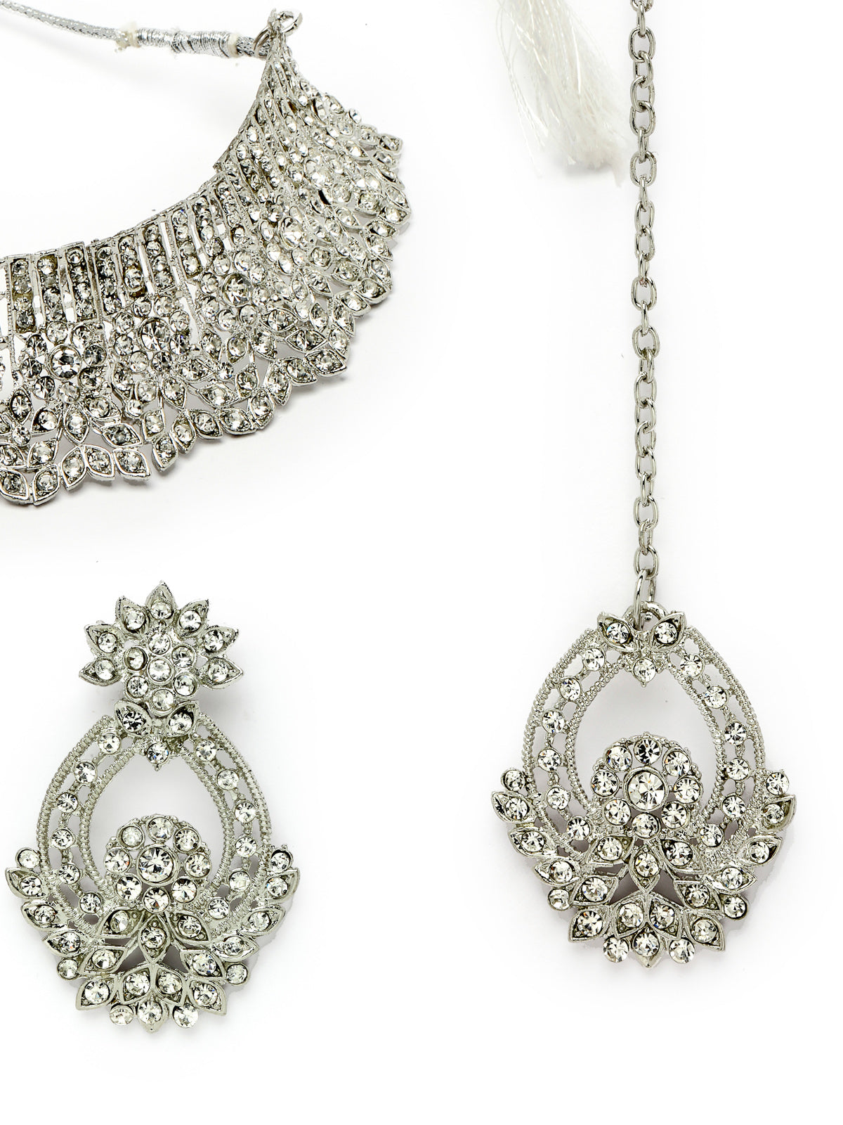 Sukkhi Unique Fashionable Rhodium Plated Silver AD Stone Choker Necklace Set With Earring And Maangtika | Jewellery Set For Women (NS105606)