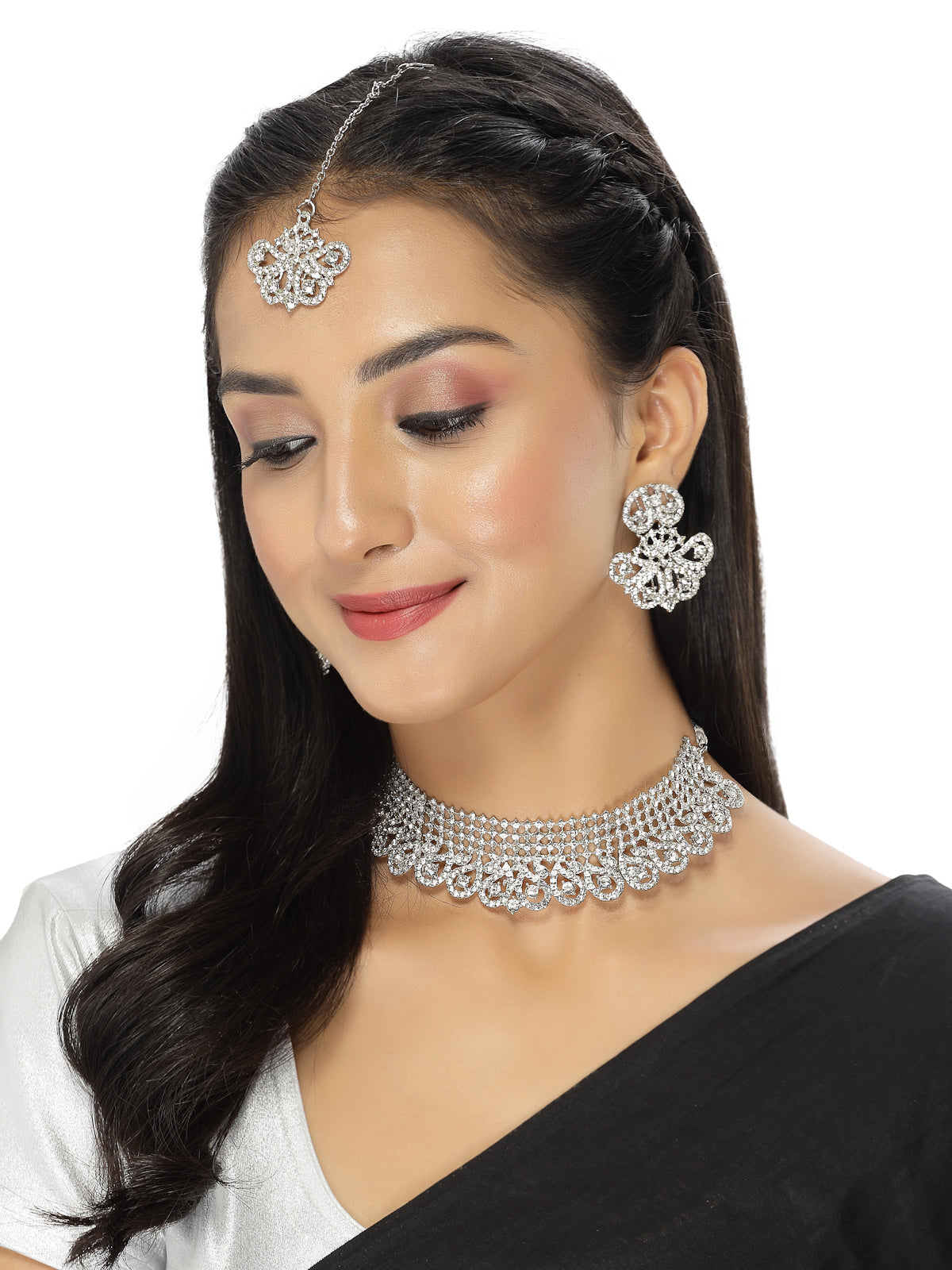 Sukkhi Stylish Shiny Rhodium Plated Silver AD Stones Choker Necklace Set With Earring And Maangtika | Jewellery Set For Women (NS105607)