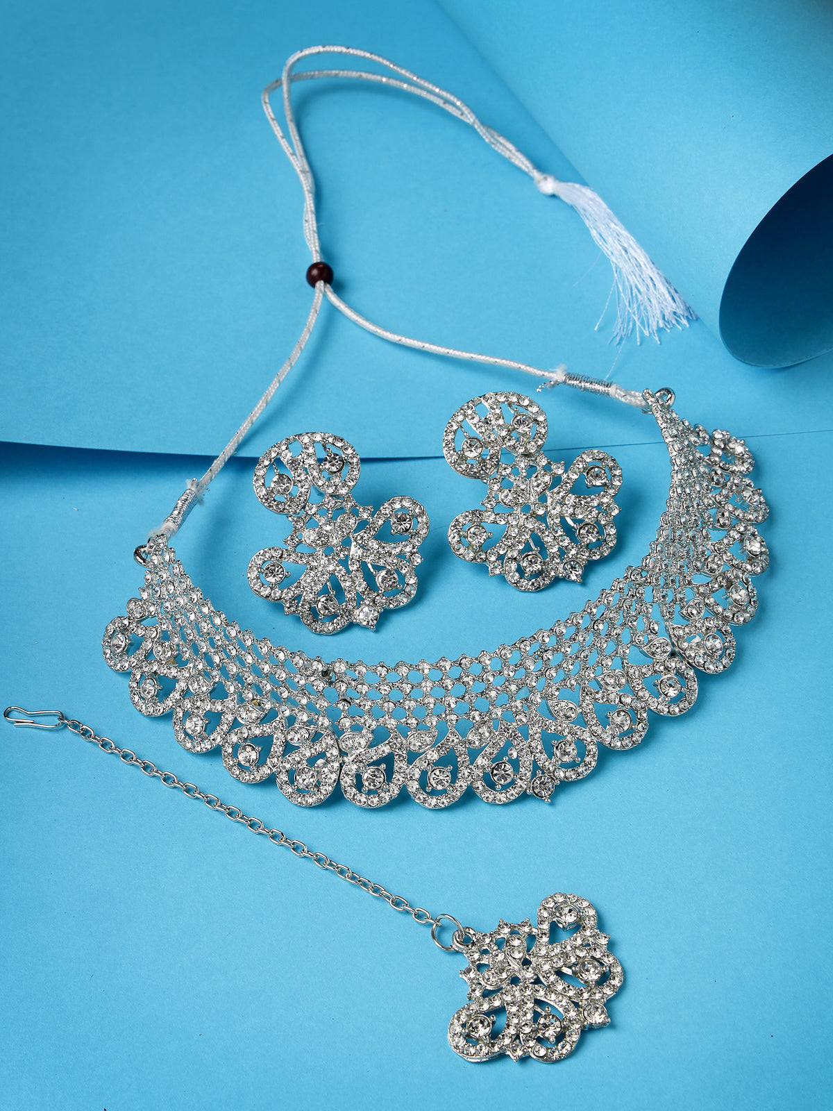 Sukkhi Stylish Shiny Rhodium Plated Silver AD Stones Choker Necklace Set With Earring And Maangtika | Jewellery Set For Women (NS105607)