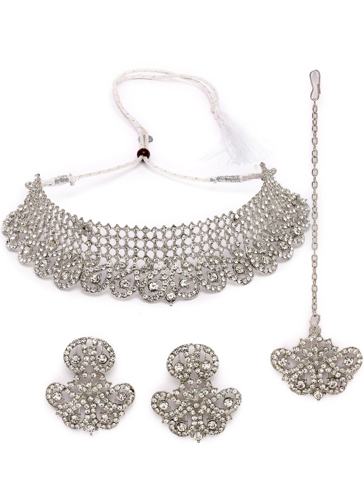Sukkhi Stylish Shiny Rhodium Plated Silver AD Stones Choker Necklace Set With Earring And Maangtika | Jewellery Set For Women (NS105607)