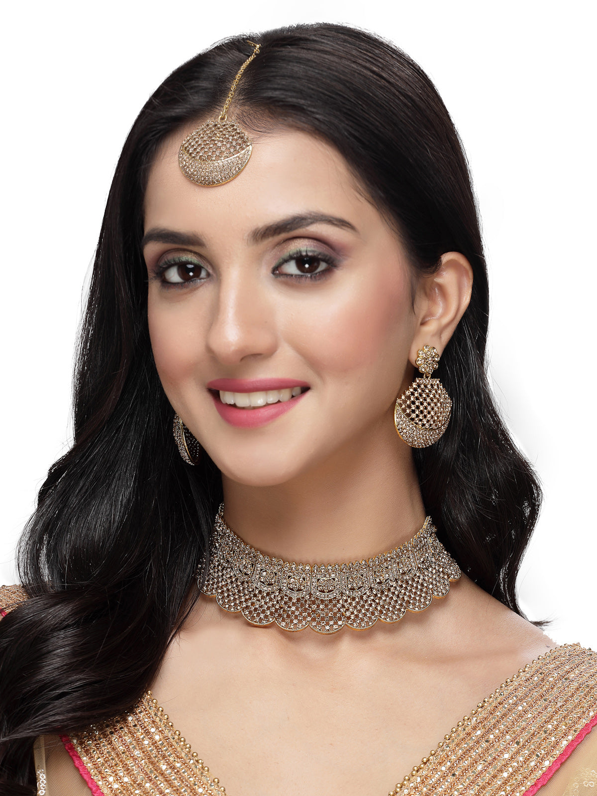Sukkhi Graceful Curve Shaped Gold Plate White AD Stone Choker Necklace Set With Earring And Maangtika | Jewellery Set For Women (NS105608)