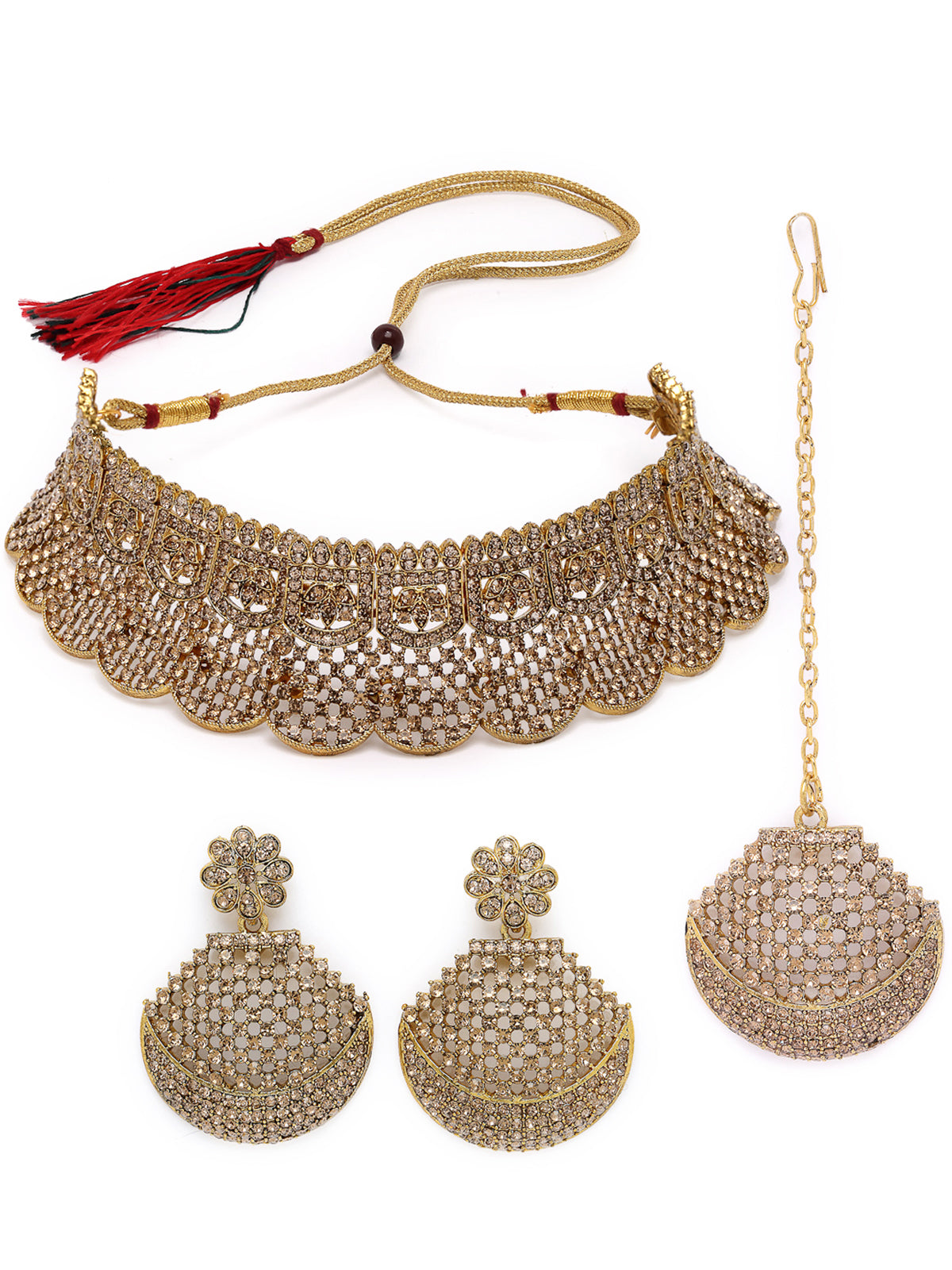 Sukkhi Graceful Curve Shaped Gold Plate White AD Stone Choker Necklace Set With Earring And Maangtika | Jewellery Set For Women (NS105608)