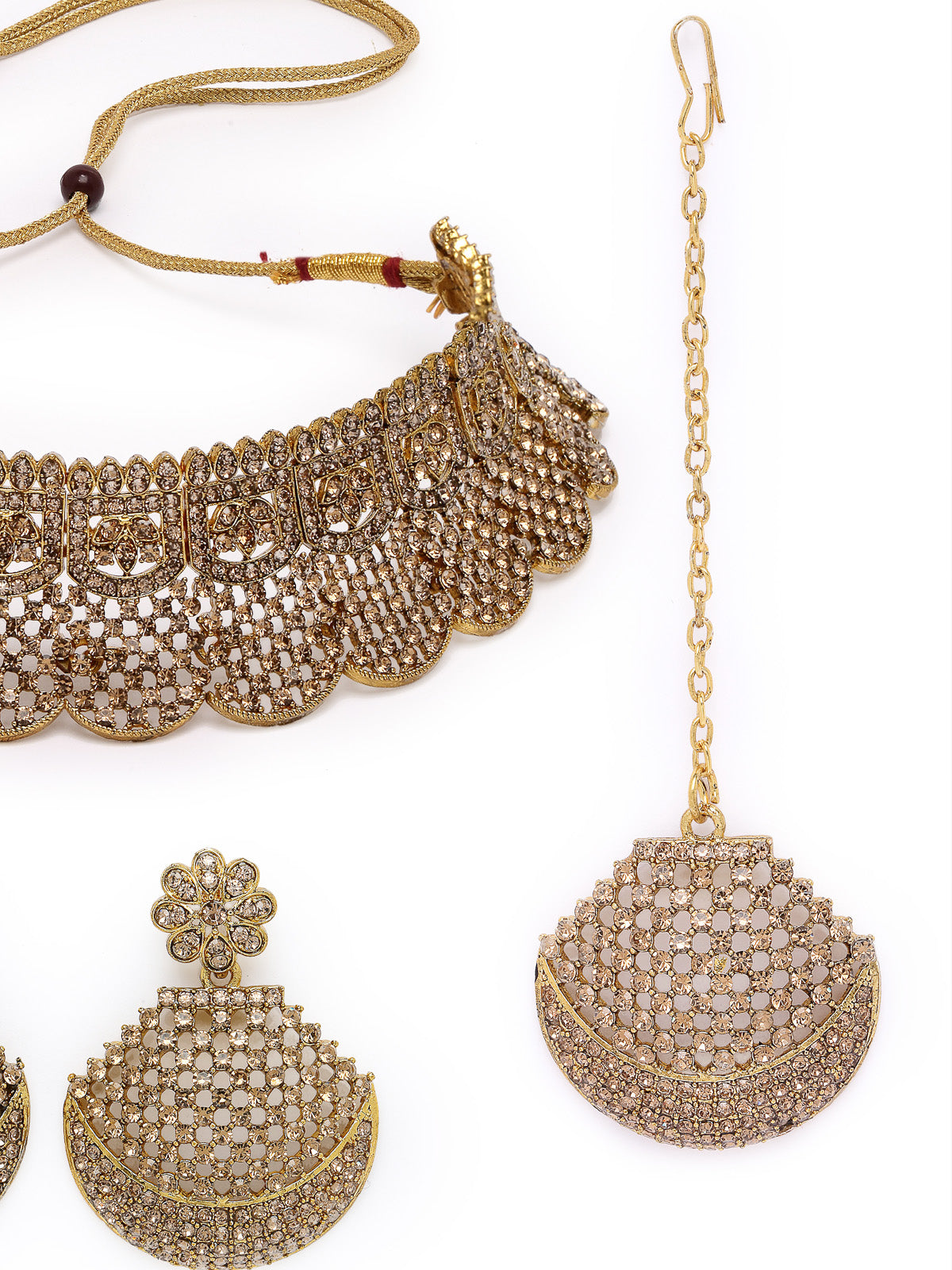 Sukkhi Graceful Curve Shaped Gold Plate White AD Stone Choker Necklace Set With Earring And Maangtika | Jewellery Set For Women (NS105608)