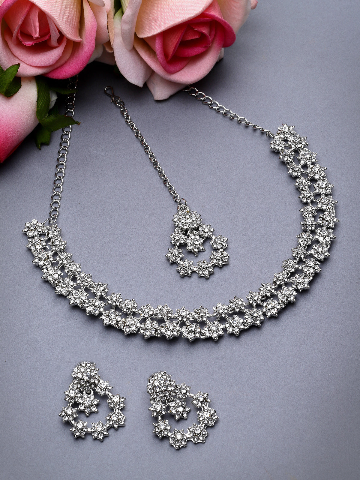 Sukkhi Gorgeous Rhodium Plated Silver AD White Stones Floral Collar Bone Necklace Set With Earring And Maangtika | Jewellery Set For Women (NS105609)