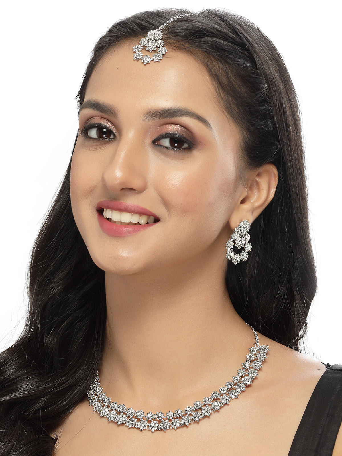 Sukkhi Gorgeous Rhodium Plated Silver AD White Stones Floral Collar Bone Necklace Set With Earring And Maangtika | Jewellery Set For Women (NS105609)