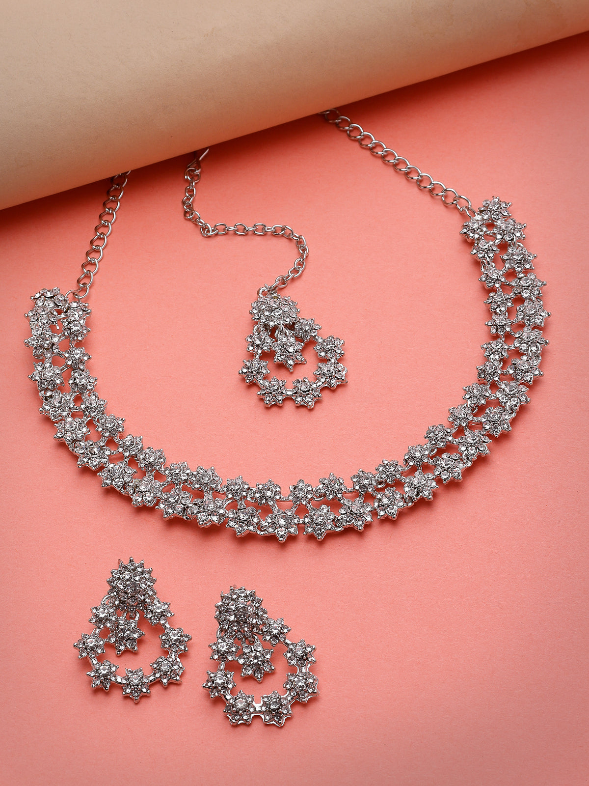 Sukkhi Gorgeous Rhodium Plated Silver AD White Stones Floral Collar Bone Necklace Set With Earring And Maangtika | Jewellery Set For Women (NS105609)