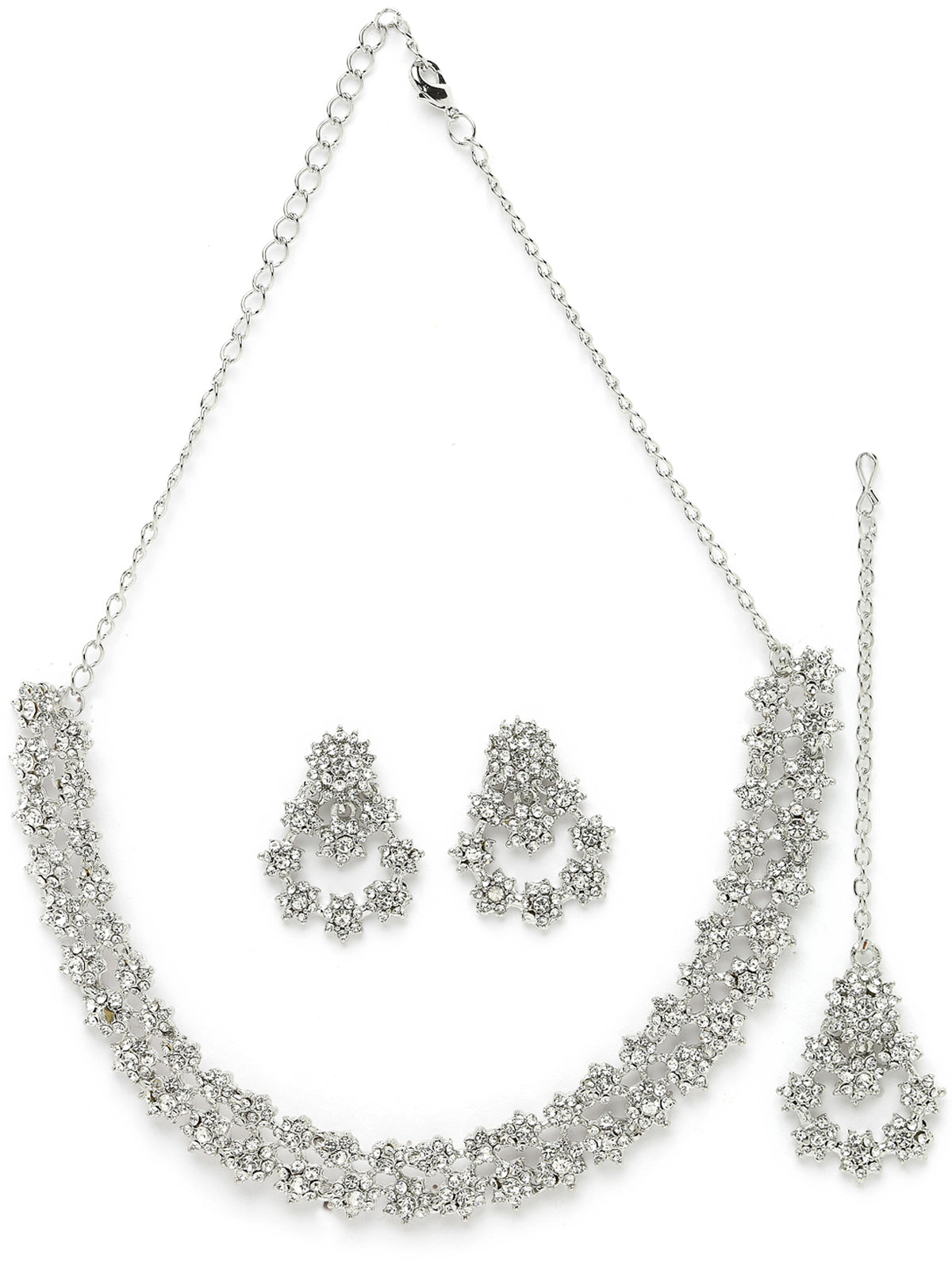 Sukkhi Gorgeous Rhodium Plated Silver AD White Stones Floral Collar Bone Necklace Set With Earring And Maangtika | Jewellery Set For Women (NS105609)