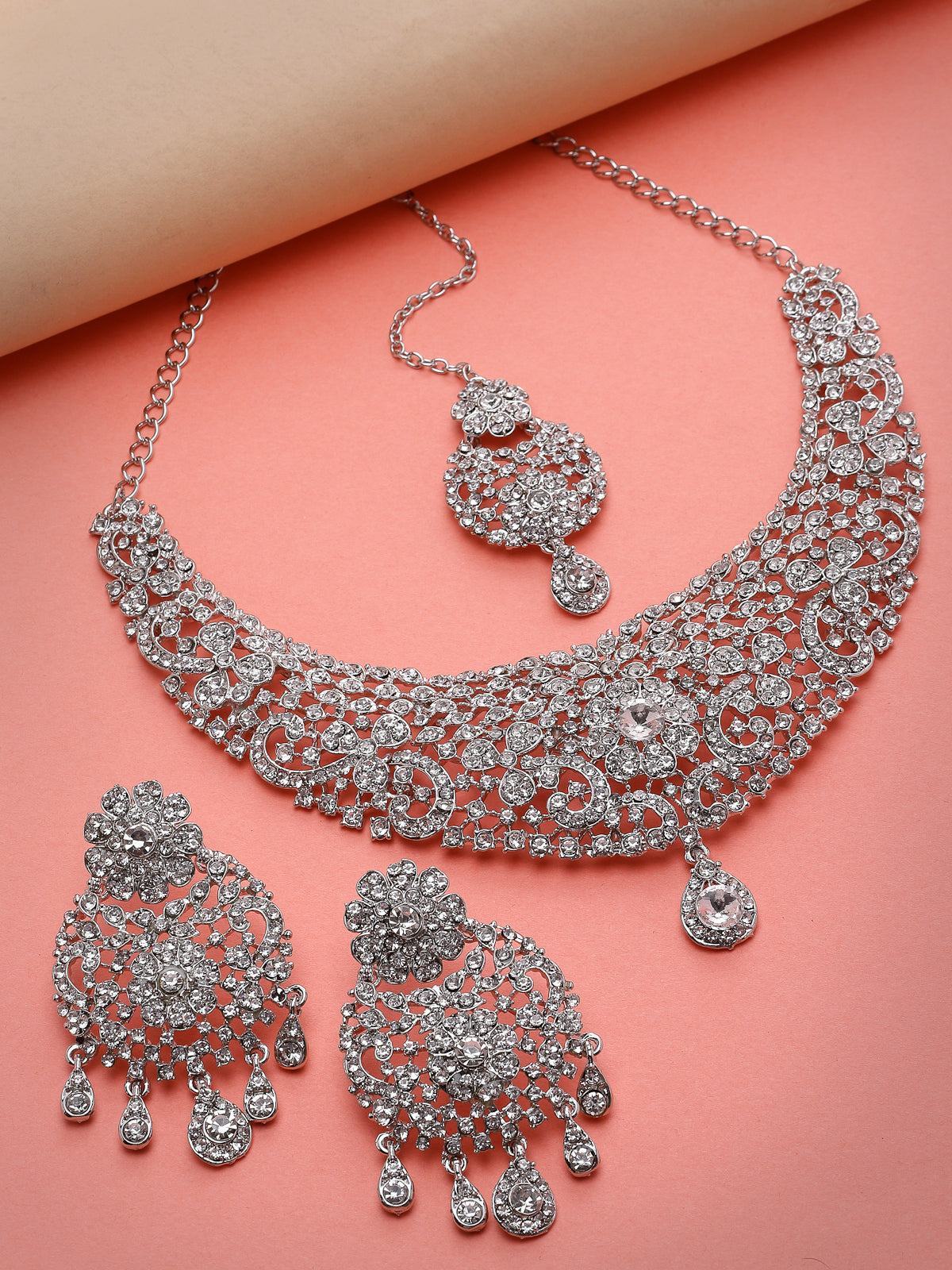 Sukkhi Iconic Rhodium Plated Silver AD White Stones Floral Collar Bone Necklace Set With Earring And Maangtika | Jewellery Set For Women (NS105610)