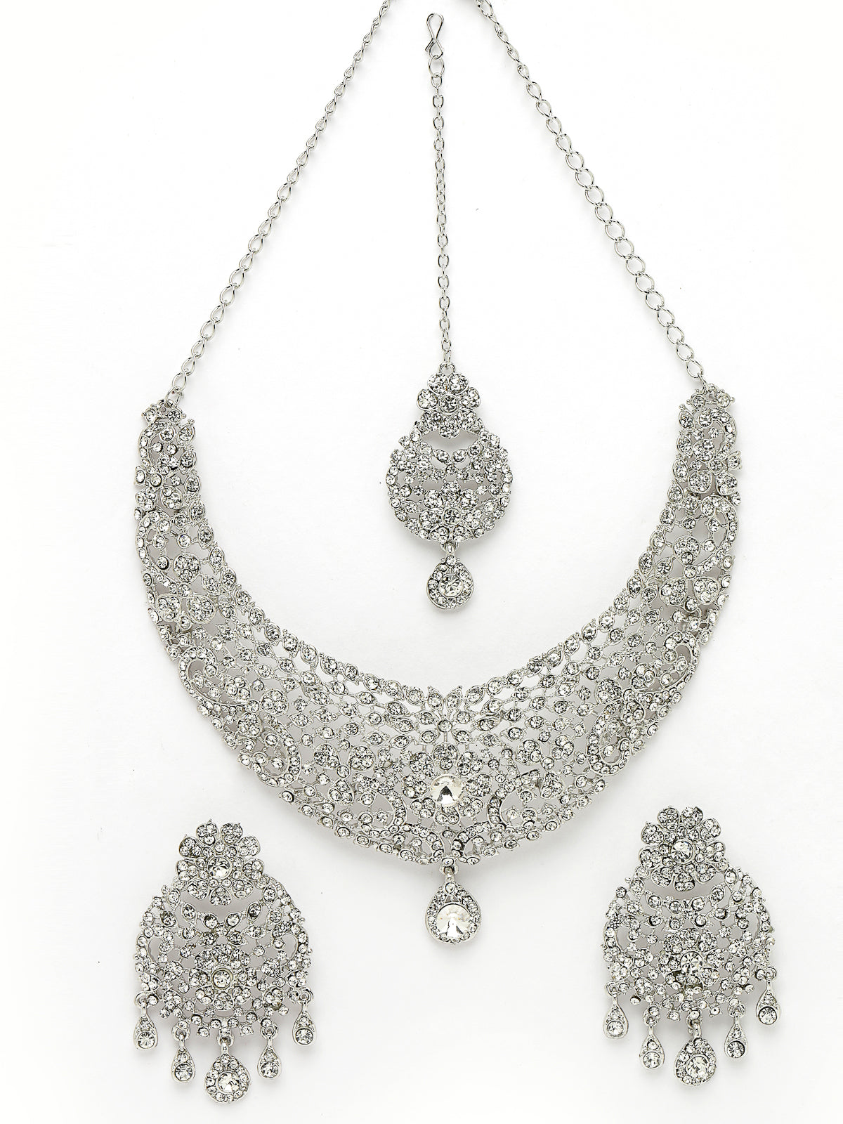 Sukkhi Iconic Rhodium Plated Silver AD White Stones Floral Collar Bone Necklace Set With Earring And Maangtika | Jewellery Set For Women (NS105610)