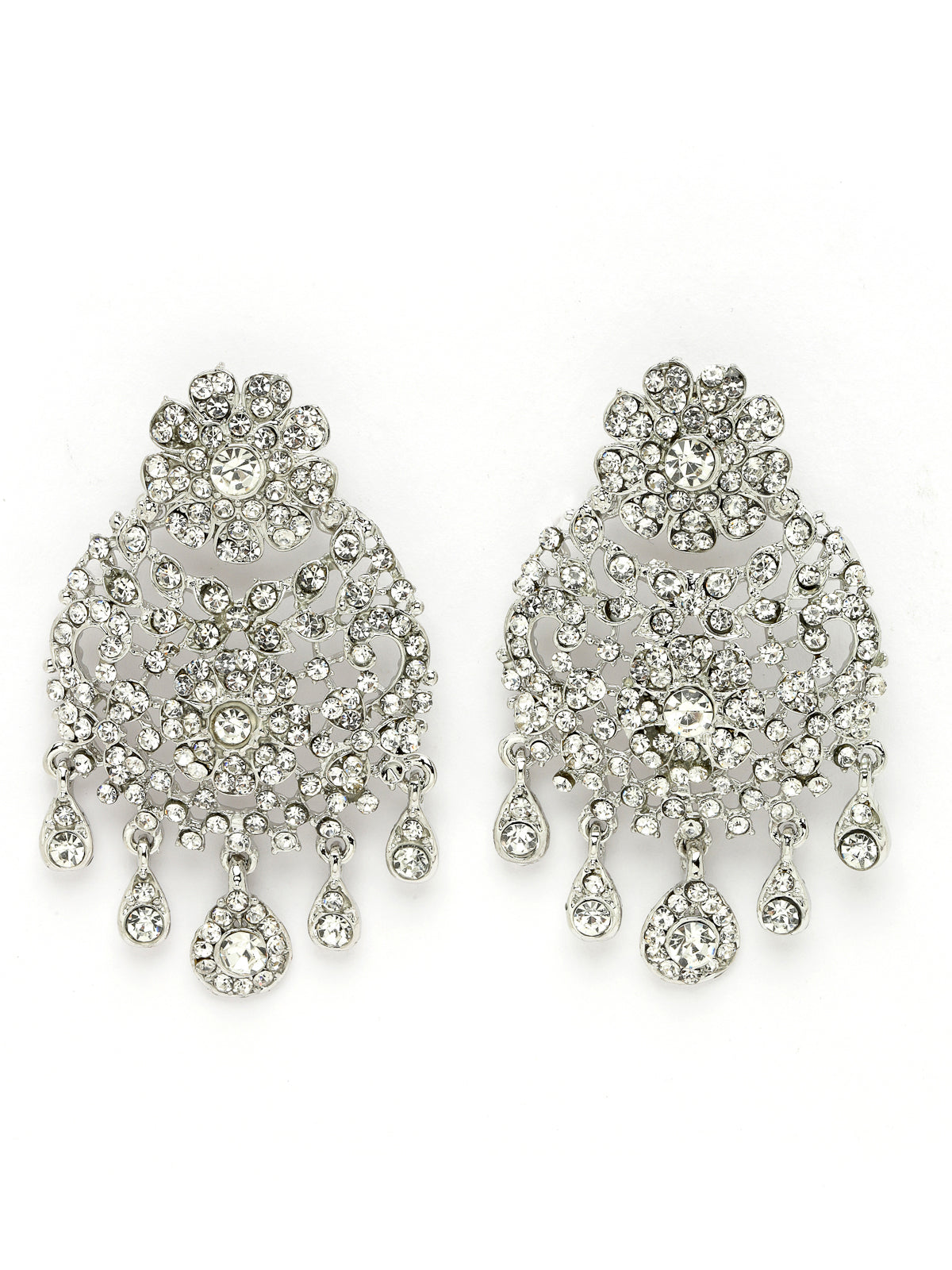 Sukkhi Iconic Rhodium Plated Silver AD White Stones Floral Collar Bone Necklace Set With Earring And Maangtika | Jewellery Set For Women (NS105610)