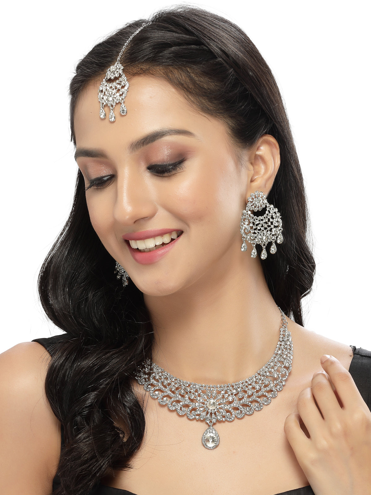 Sukkhi Desirable Rhodium Plated Silver AD White Stones Floral Silver Necklace Set With Earring And Maangtika | Jewellery Set For Women (NS105611)