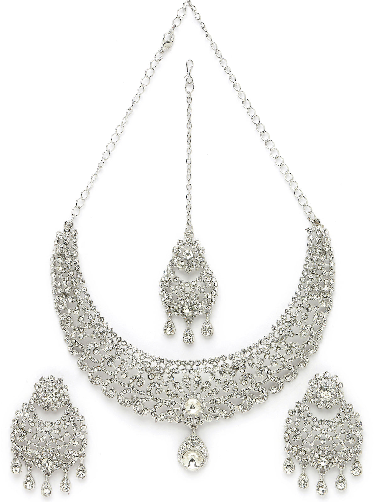Sukkhi Desirable Rhodium Plated Silver AD White Stones Floral Silver Necklace Set With Earring And Maangtika | Jewellery Set For Women (NS105611)