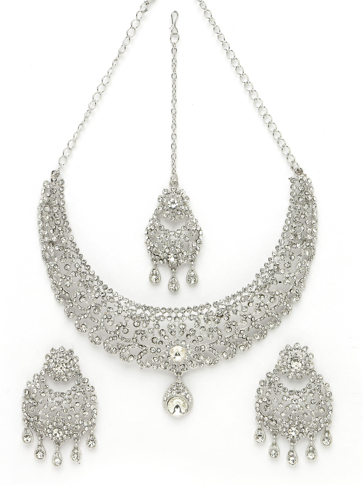 Sukkhi Desirable Rhodium Plated Silver AD White Stones Floral Silver Necklace Set With Earring And Maangtika | Jewellery Set For Women (NS105611)