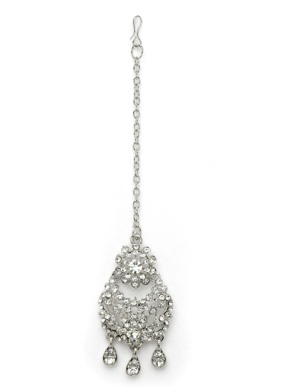 Sukkhi Desirable Rhodium Plated Silver AD White Stones Floral Silver Necklace Set With Earring And Maangtika | Jewellery Set For Women (NS105611)