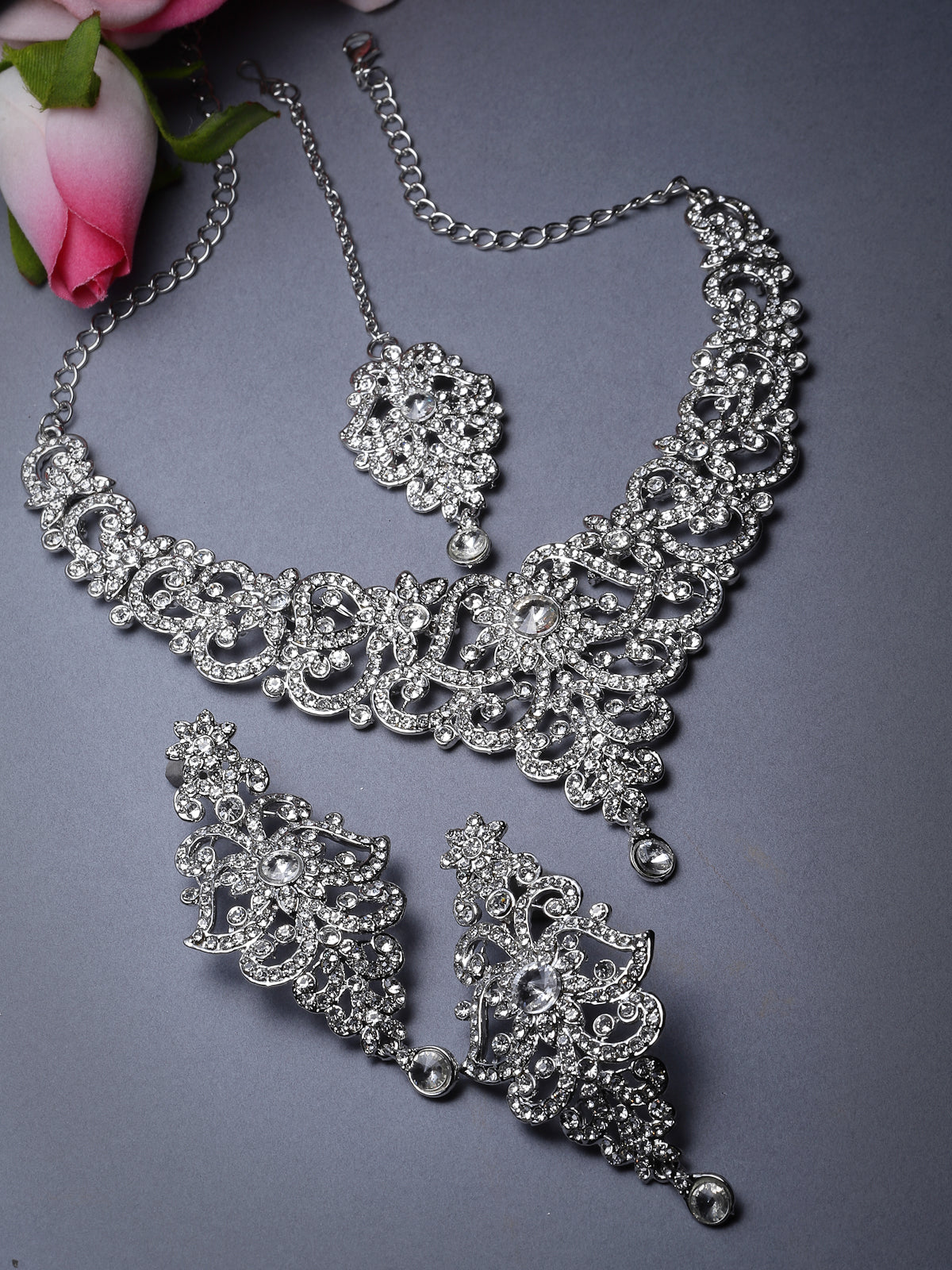 Sukkhi High-Fashion Rhodium Plated Silver AD White Stones Floral Collar Bone Necklace Set With Earring And Maangtika | Jewellery Set For Women (NS105612)