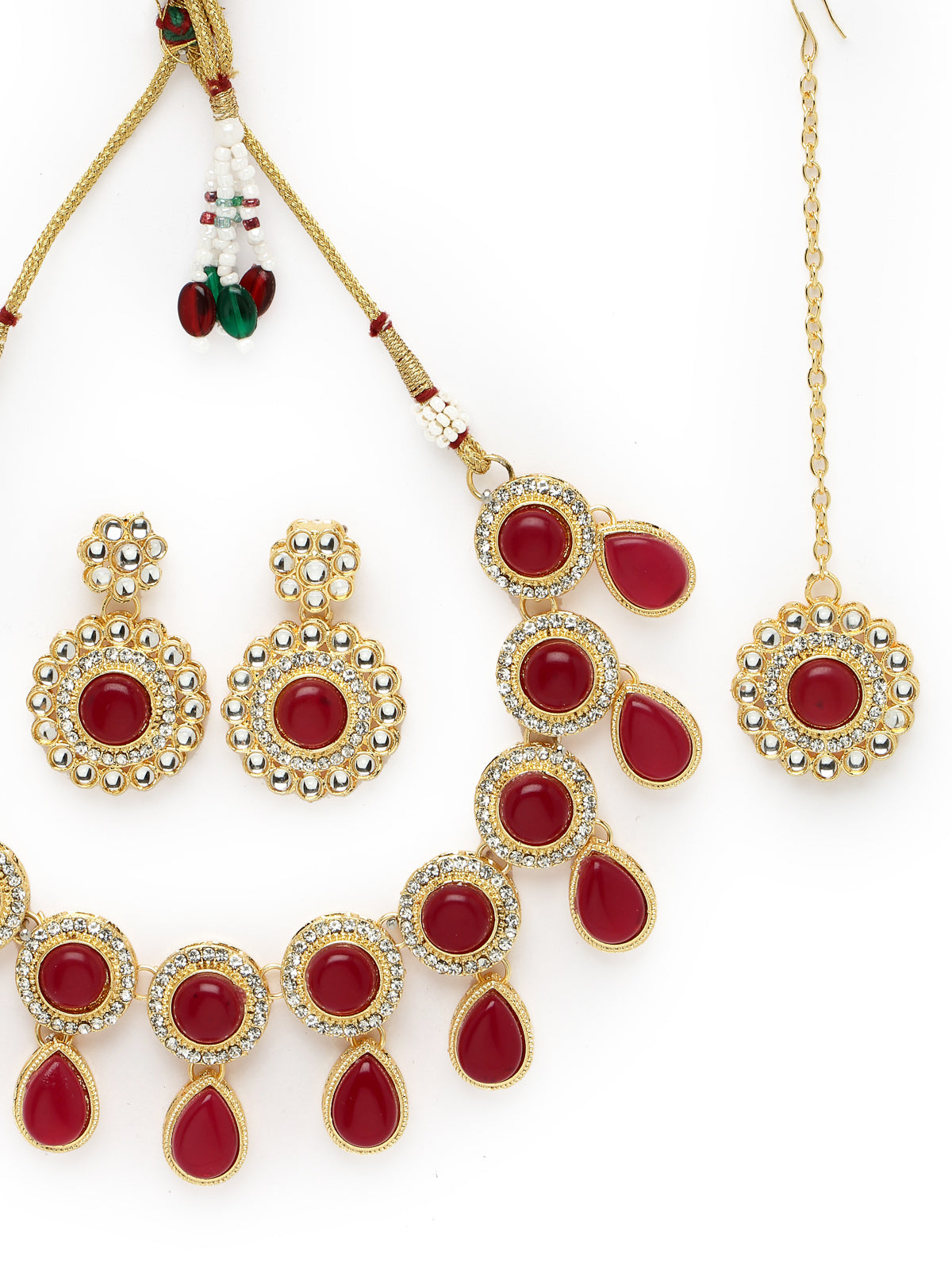 Sukkhi Bewitching Drop Shaped Rani Pink AD Rani Pink Stones & Beads Collar Bone Necklace Set With Earring And Maangtika | Jewellery Set For Women (NS105613)